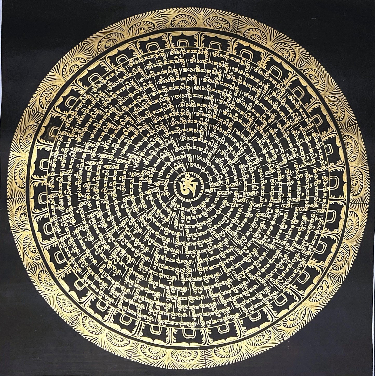 Hand-Painted Om Mani Padme Hum Mandala – Black and Gold Tibetan Thangka