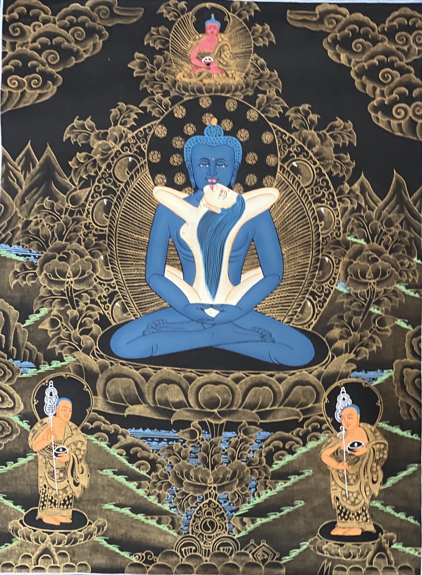 Hand-Painted Buddha Shakti Thangka | Samantabhadra Yab-Yum, Silk Brocade
