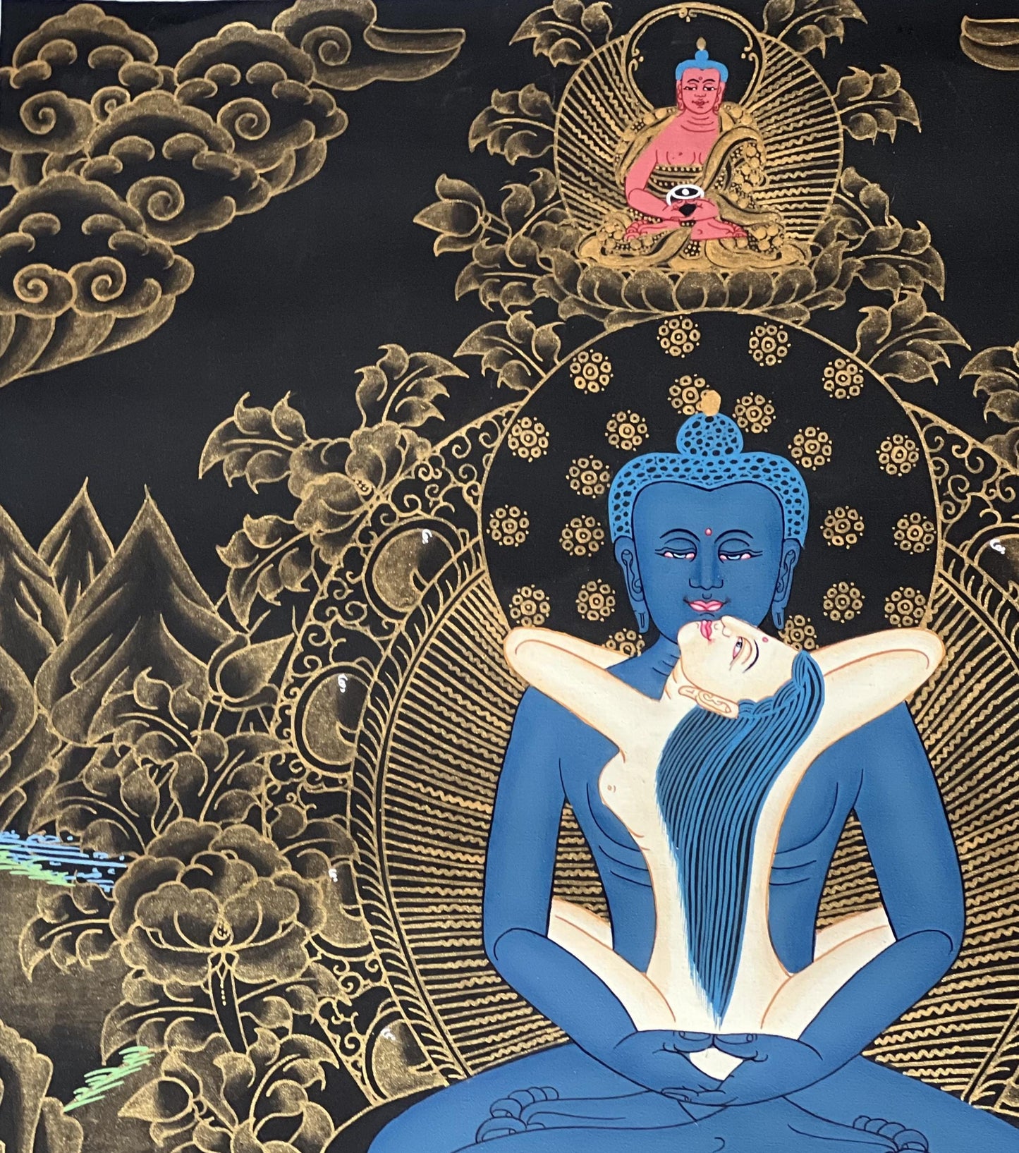 Hand-Painted Buddha Shakti Thangka | Samantabhadra Yab-Yum, Silk Brocade