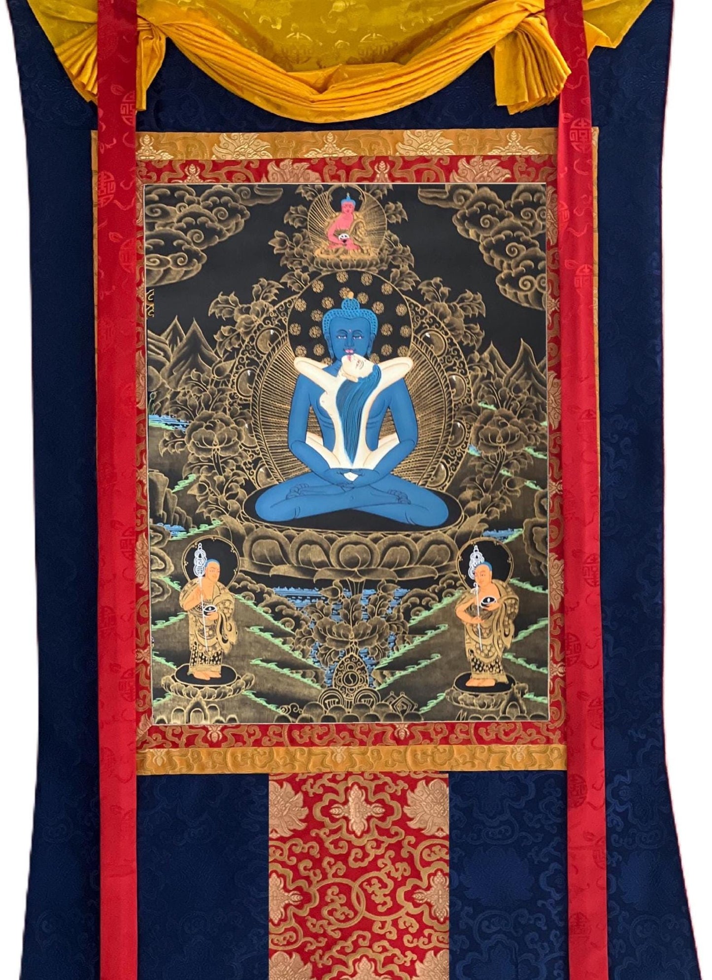 Hand-Painted Buddha Shakti Thangka | Samantabhadra Yab-Yum, Silk Brocade