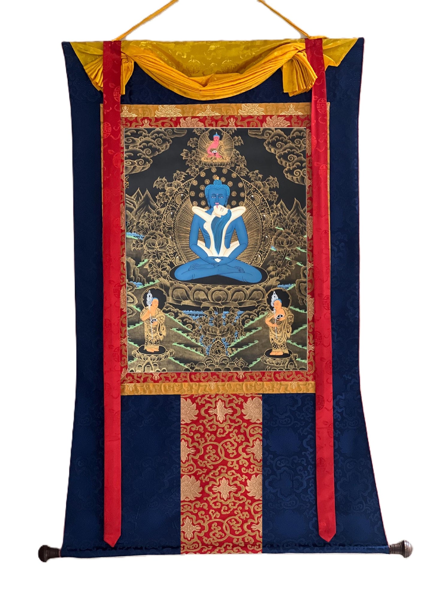 Hand-Painted Buddha Shakti Thangka | Samantabhadra Yab-Yum, Silk Brocade