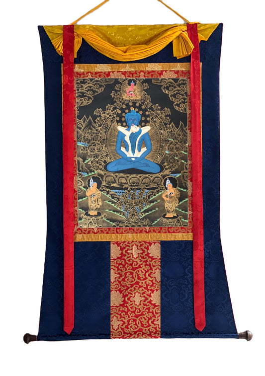 Hand-Painted Buddha Shakti Thangka | Samantabhadra Yab-Yum, Silk Brocade