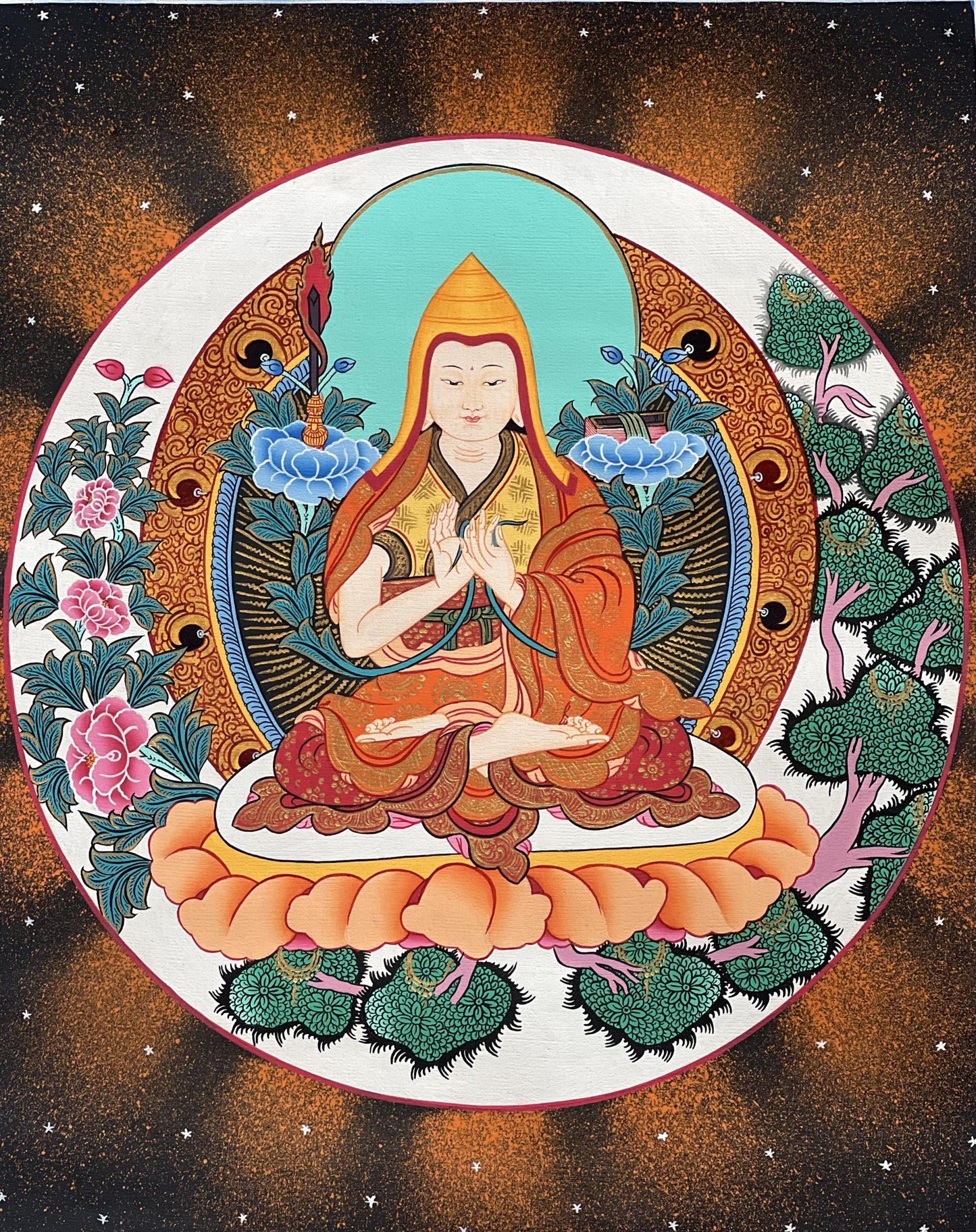 Hand-Painted Tsongkhapa Tibetan Thangka Painting: Silk Brocade Art