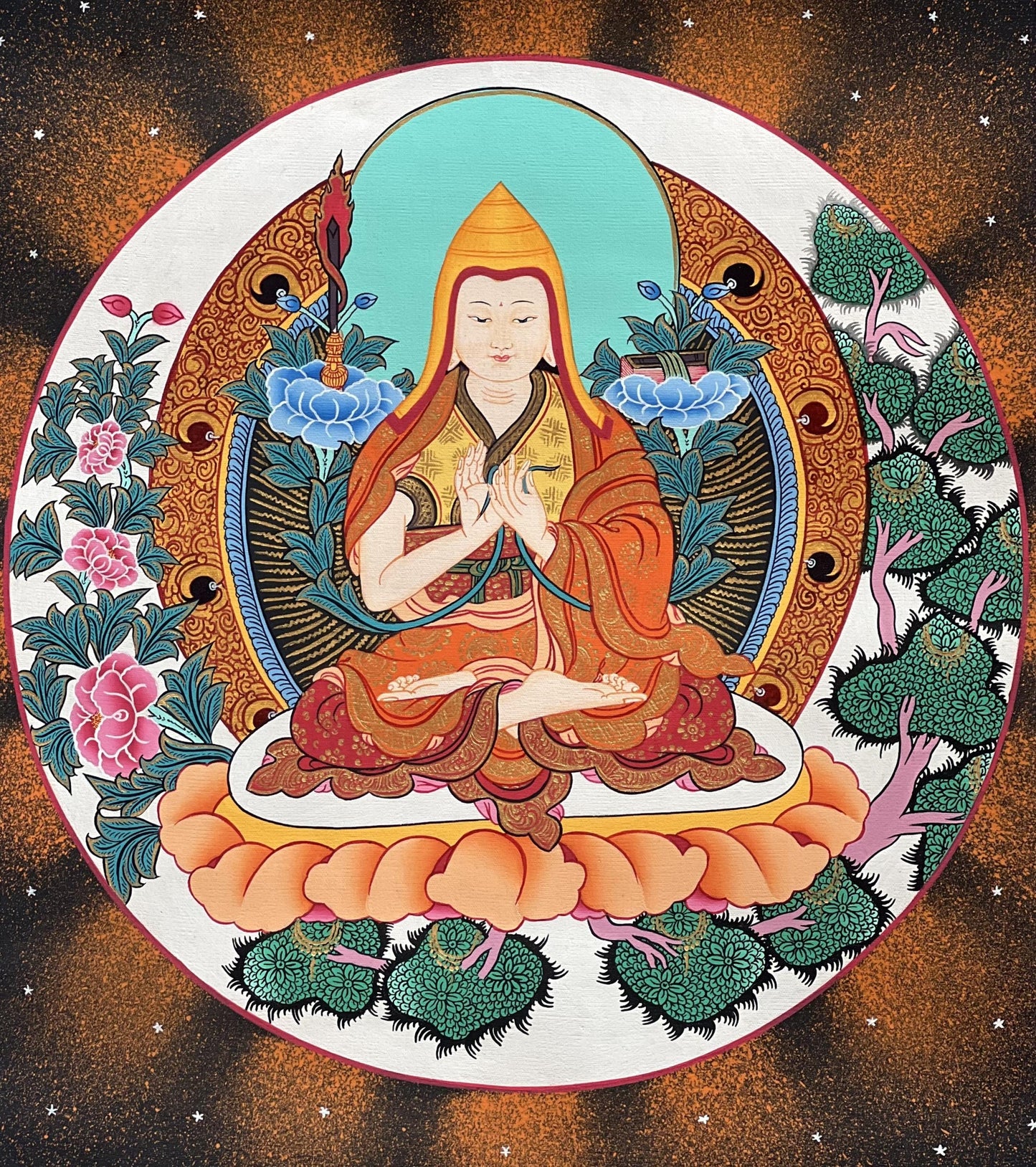 Hand-Painted Tsongkhapa Tibetan Thangka Painting: Silk Brocade Art