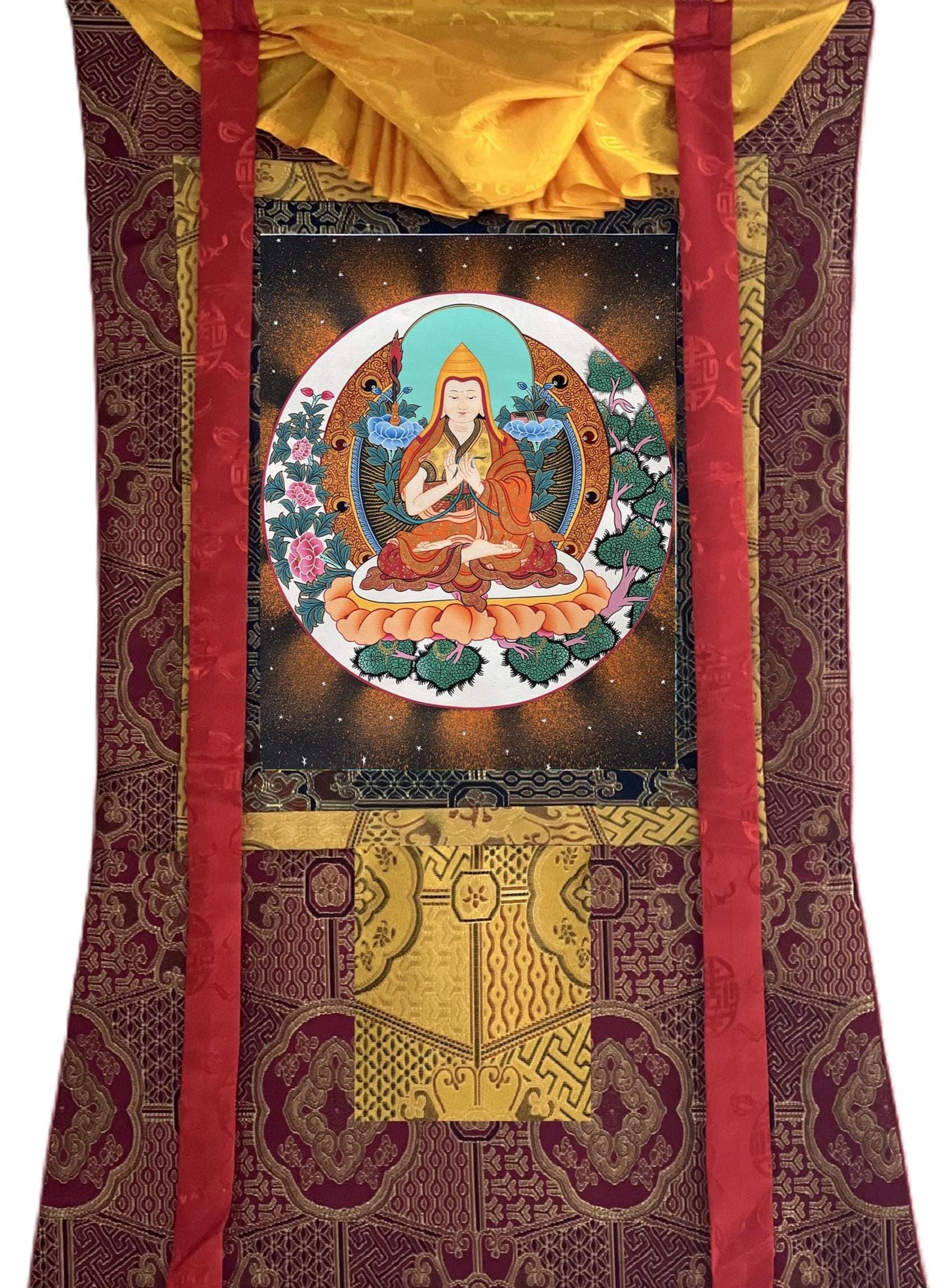 Hand-Painted Tsongkhapa Tibetan Thangka Painting: Silk Brocade Art