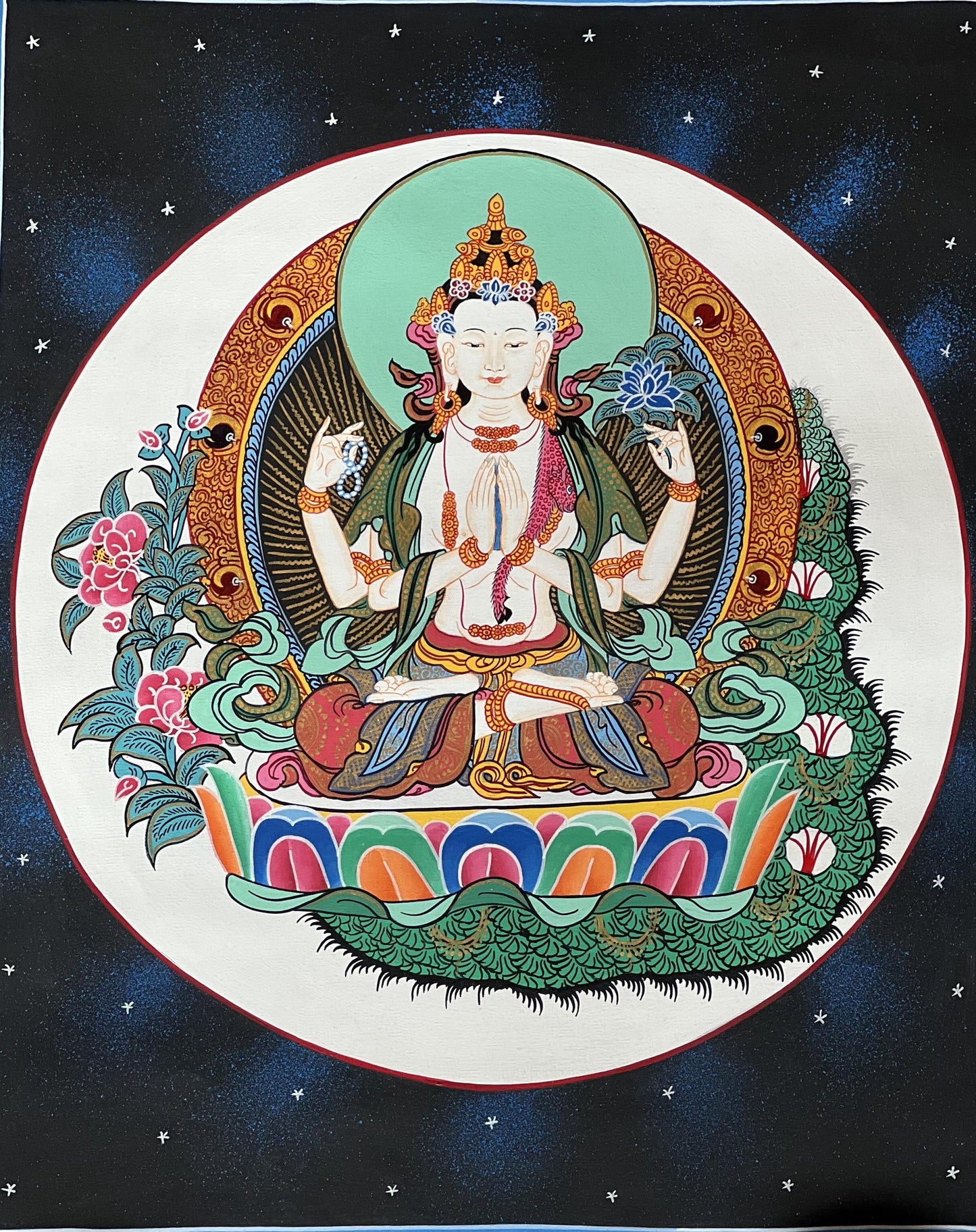Hand-Painted Chenrezig Thangka | Compassion Buddha, Silk Brocade