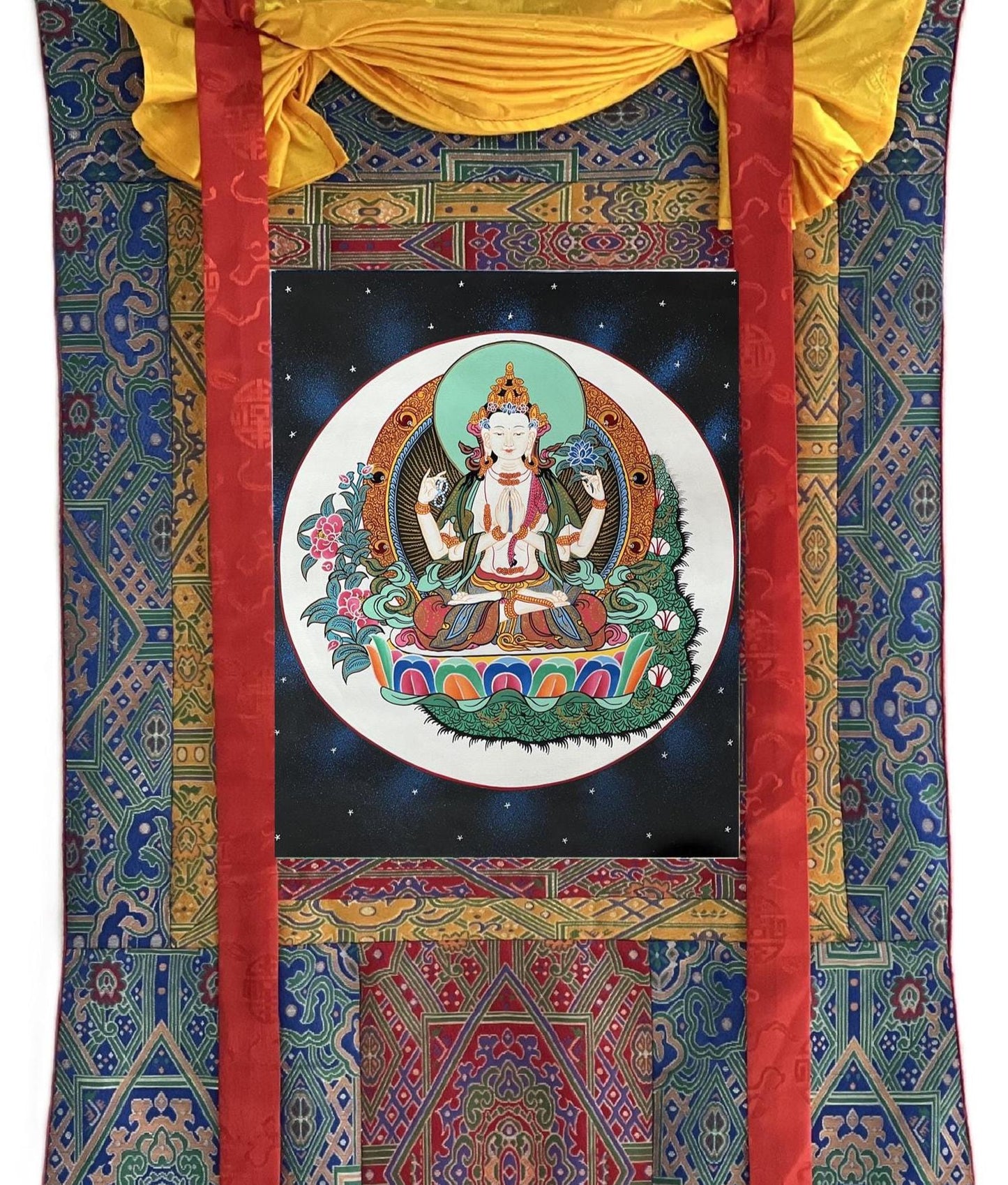 Hand-Painted Chenrezig Thangka | Compassion Buddha, Silk Brocade