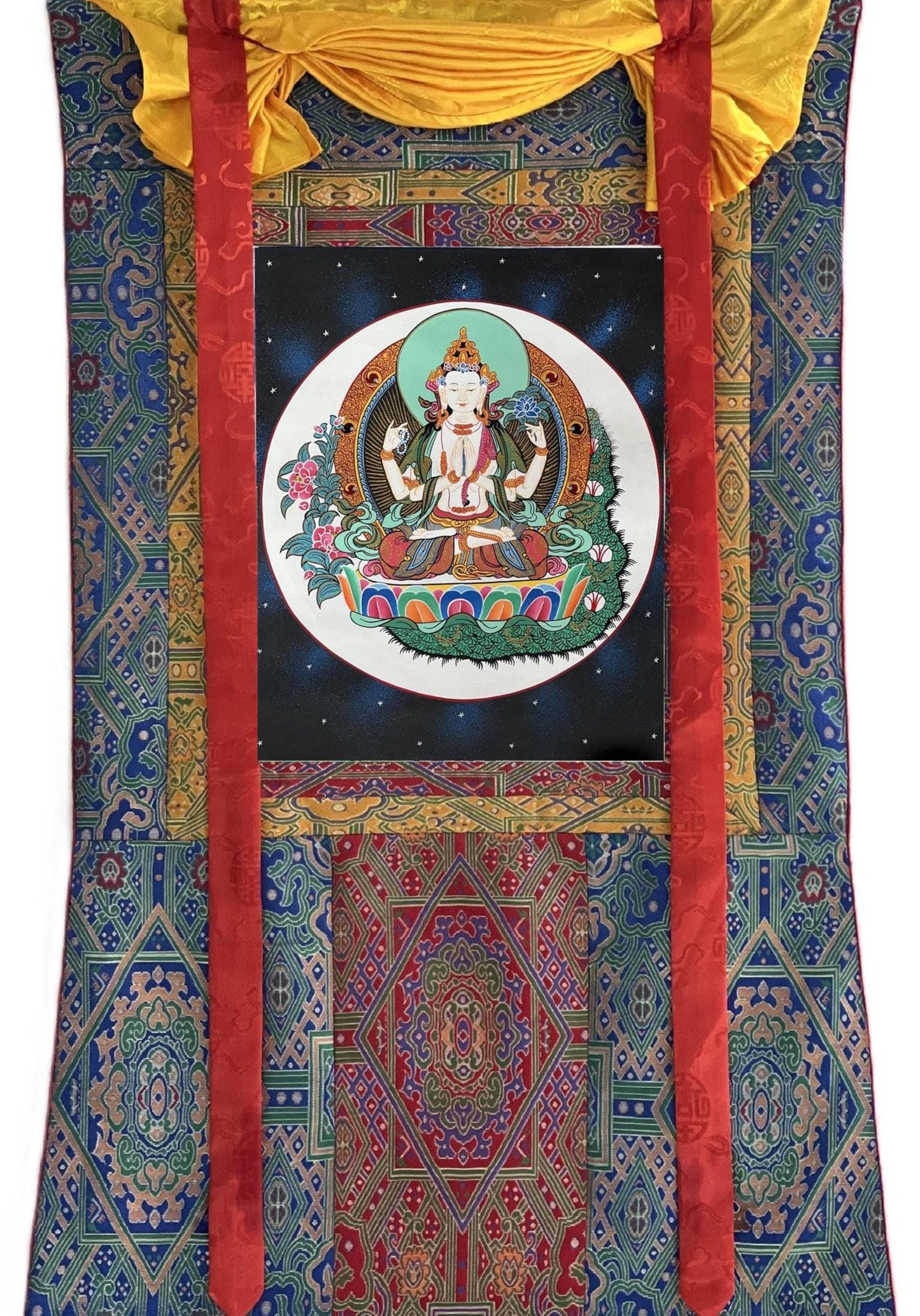Hand-Painted Chenrezig Thangka | Compassion Buddha, Silk Brocade