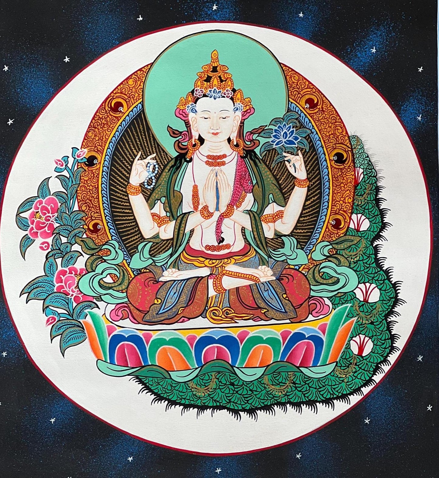 Hand-Painted Chenrezig Thangka | Compassion Buddha, Silk Brocade