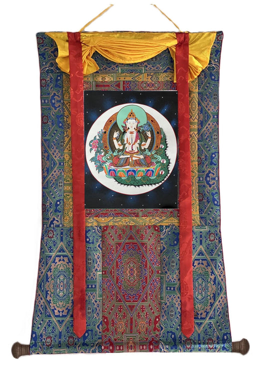 Hand-Painted Chenrezig Thangka | Compassion Buddha, Silk Brocade