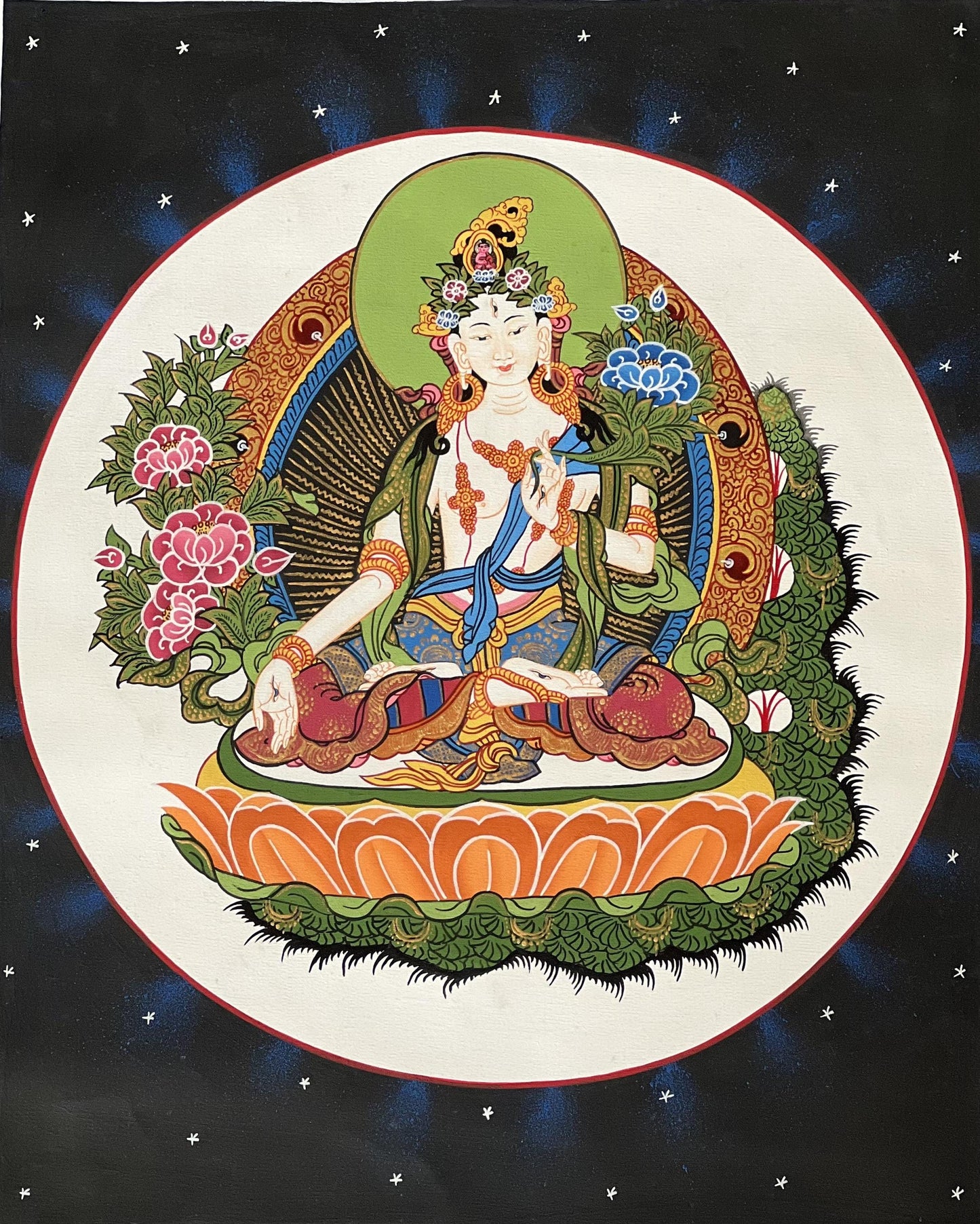 Hand-Painted White Tara Thangka – Tibetan Goddess Art with Silk Brocade