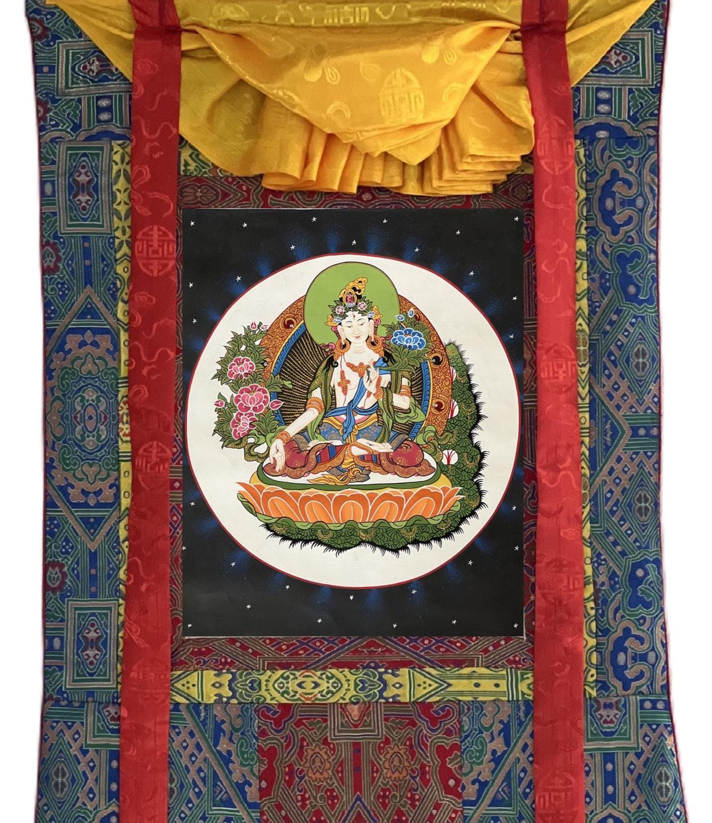 Hand-Painted White Tara Thangka – Tibetan Goddess Art with Silk Brocade