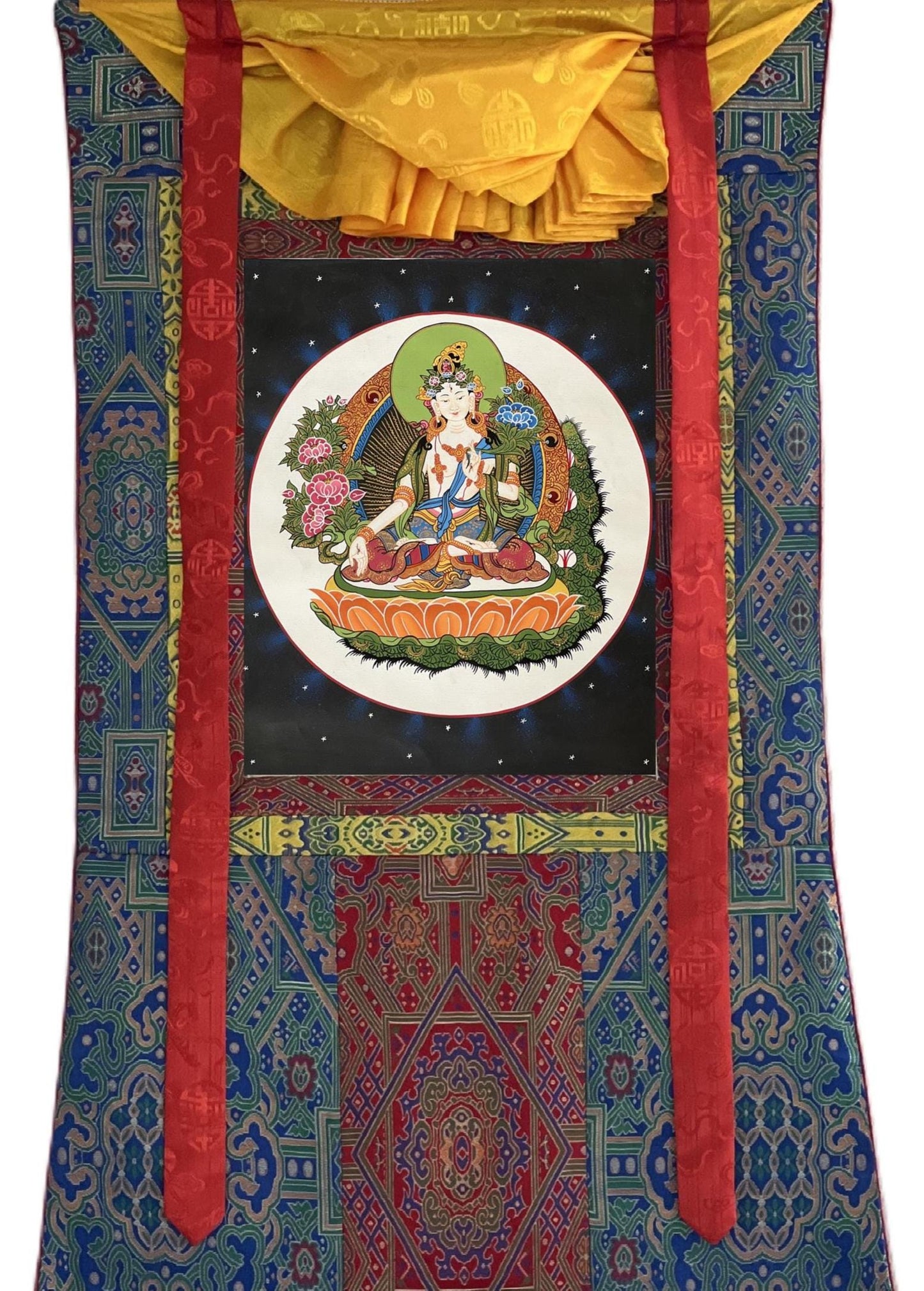 Hand-Painted White Tara Thangka – Tibetan Goddess Art with Silk Brocade