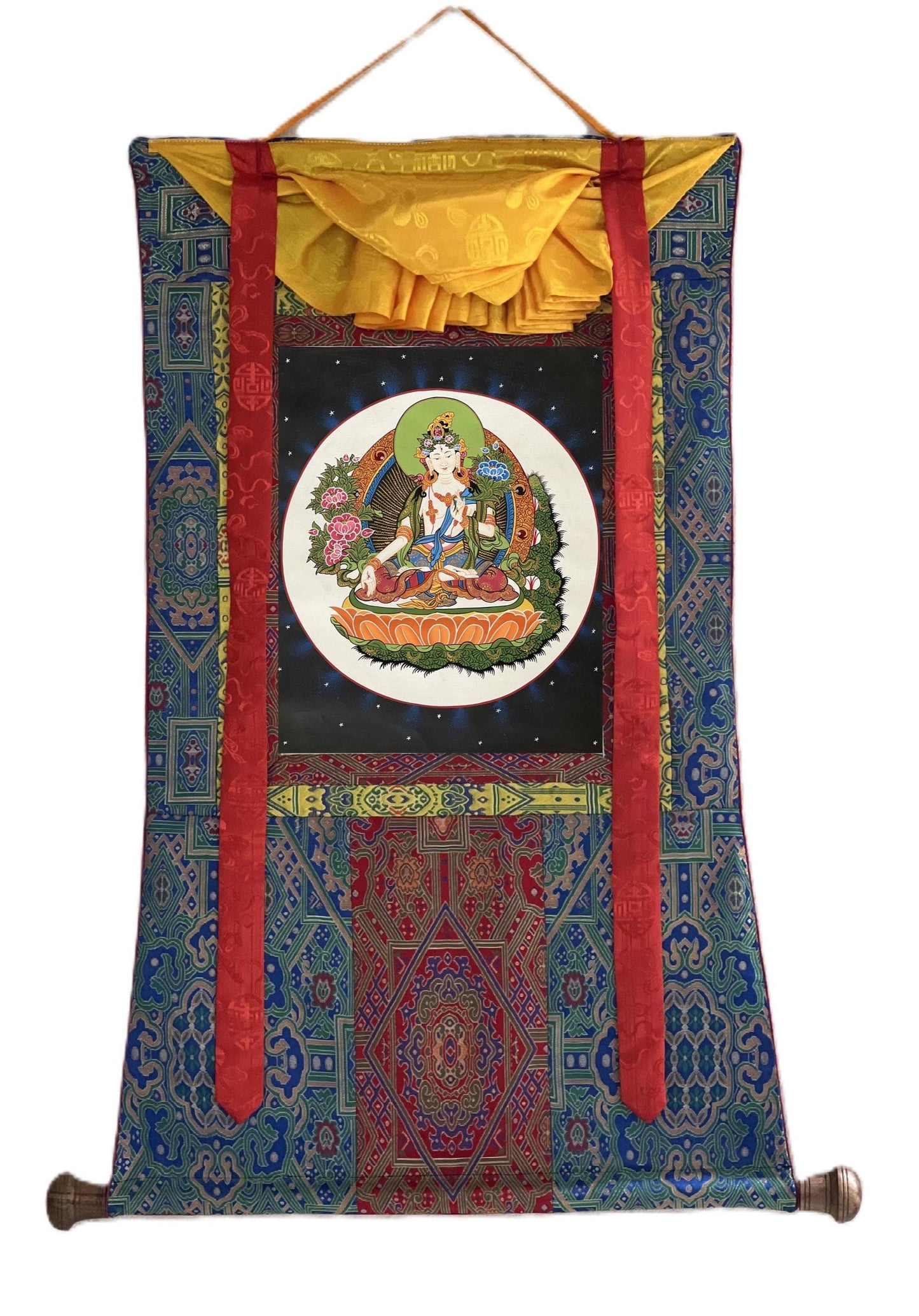 Hand-Painted White Tara Thangka – Tibetan Goddess Art with Silk Brocade