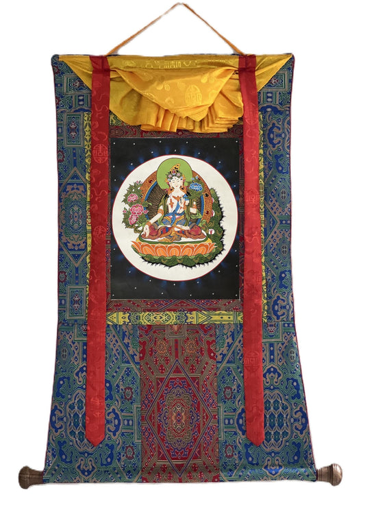 Hand-Painted White Tara Thangka – Tibetan Goddess Art with Silk Brocade