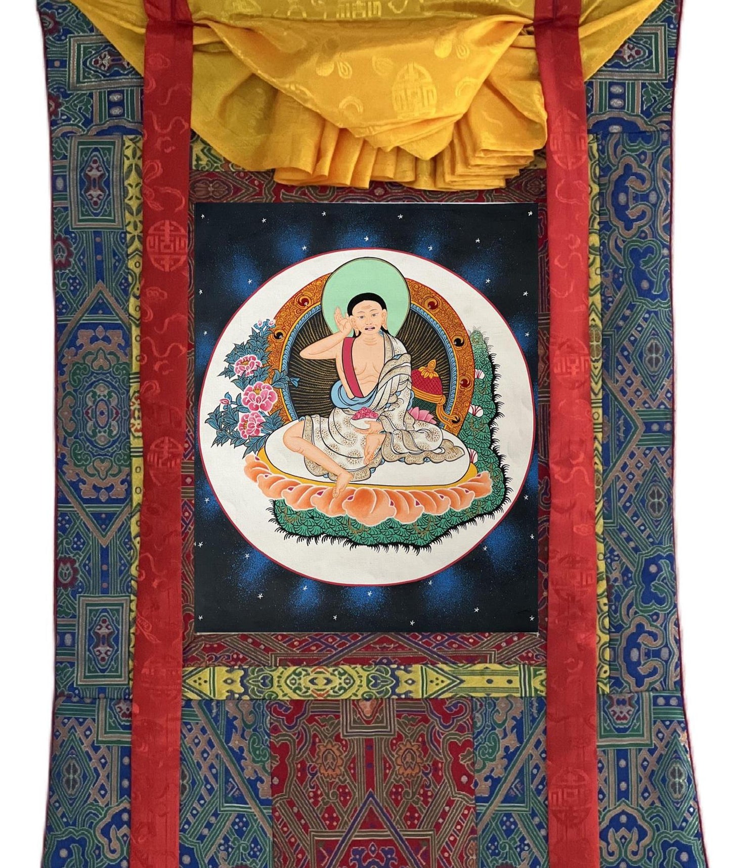 Hand-Painted Milarepa Thangka | Tibetan Buddhist Art | Silk Brocade