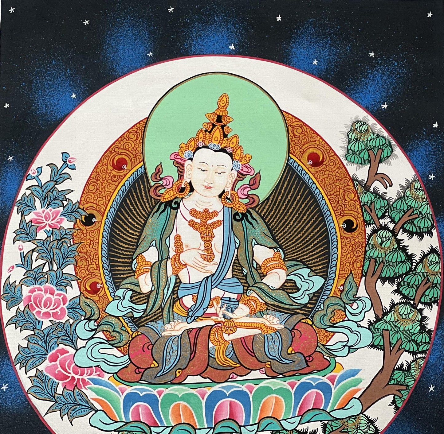 Hand-Painted Vajrasattva Thangka | Tibetan Silk Brocade Buddha Art