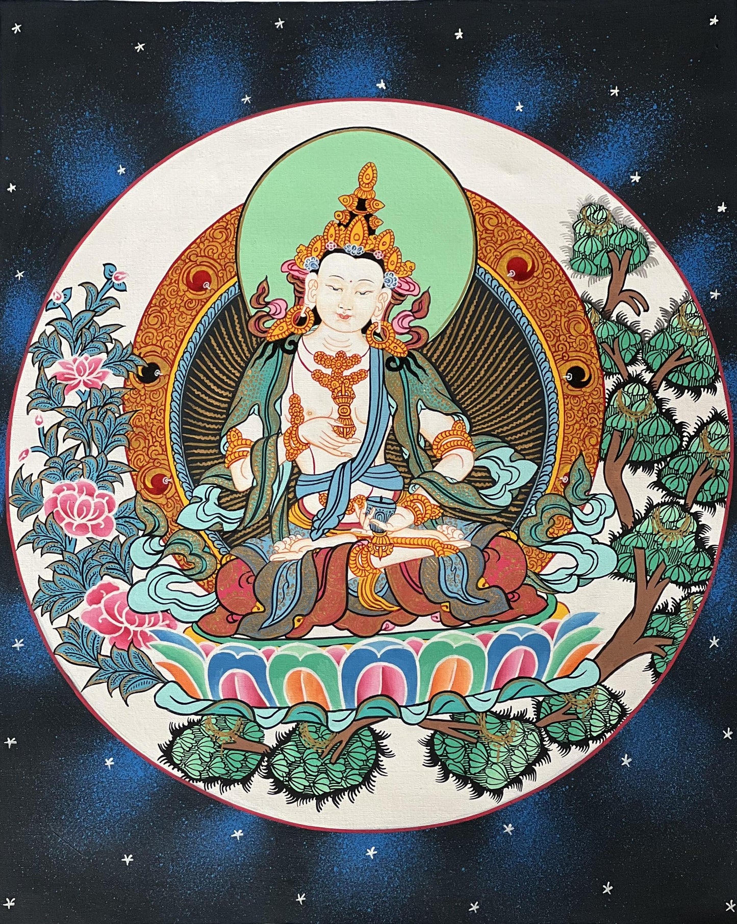 Hand-Painted Vajrasattva Thangka | Tibetan Silk Brocade Buddha Art
