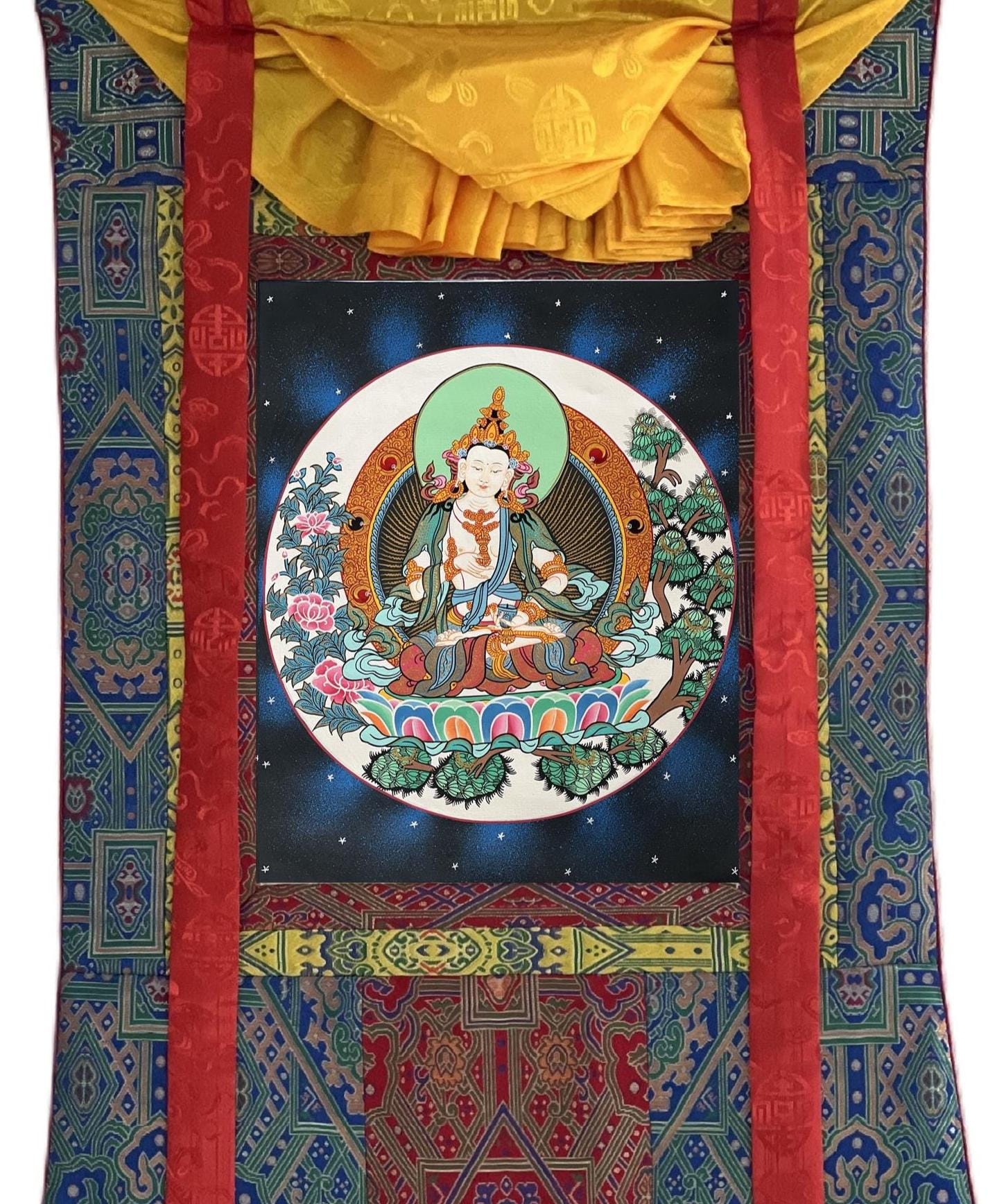 Hand-Painted Vajrasattva Thangka | Tibetan Silk Brocade Buddha Art