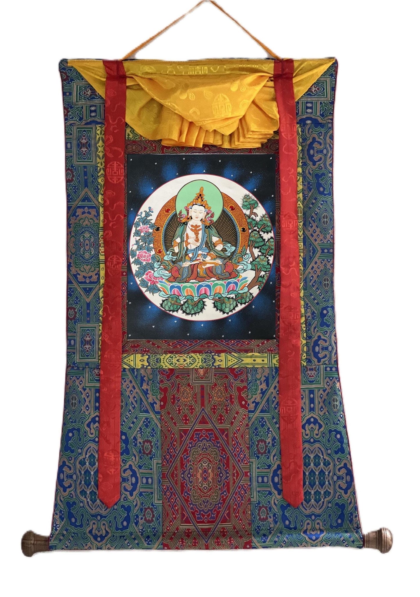 Hand-Painted Vajrasattva Thangka | Tibetan Silk Brocade Buddha Art