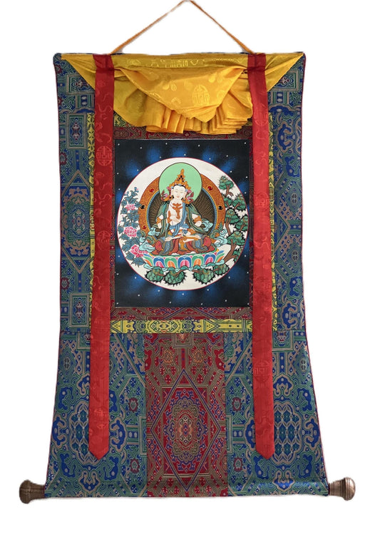 Hand-Painted Vajrasattva Thangka | Tibetan Silk Brocade Buddha Art