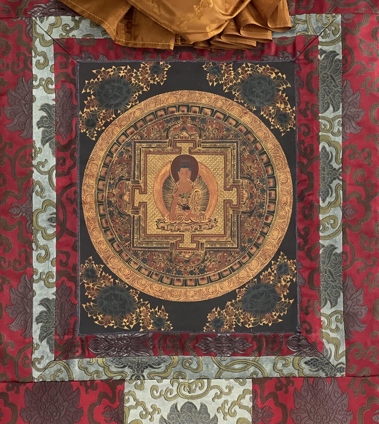 Hand-Painted Shakyamuni Buddha Mandala Thangka | Silk Brocade Art