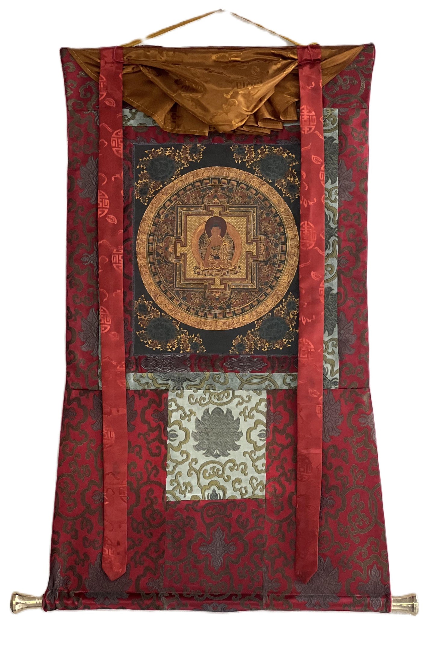 Hand-Painted Shakyamuni Buddha Mandala Thangka | Silk Brocade Art