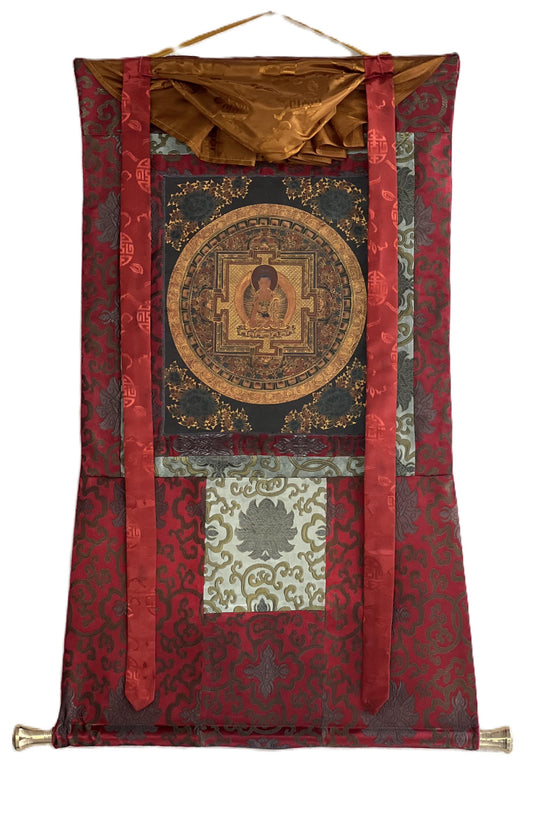 Hand-Painted Shakyamuni Buddha Mandala Thangka | Silk Brocade Art