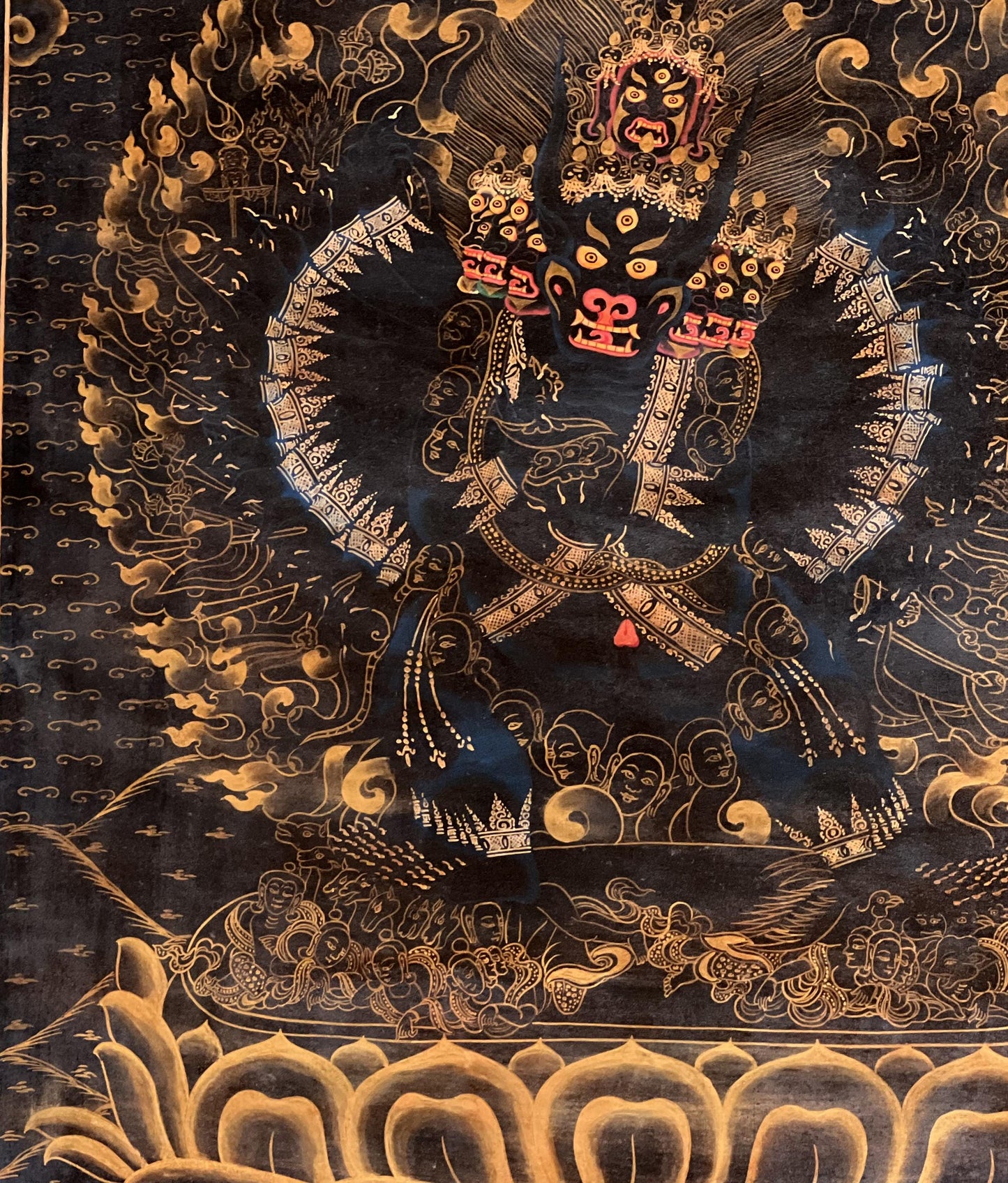 Hand-Painted Yamantaka Thangka – Black and Gold Tibetan Art