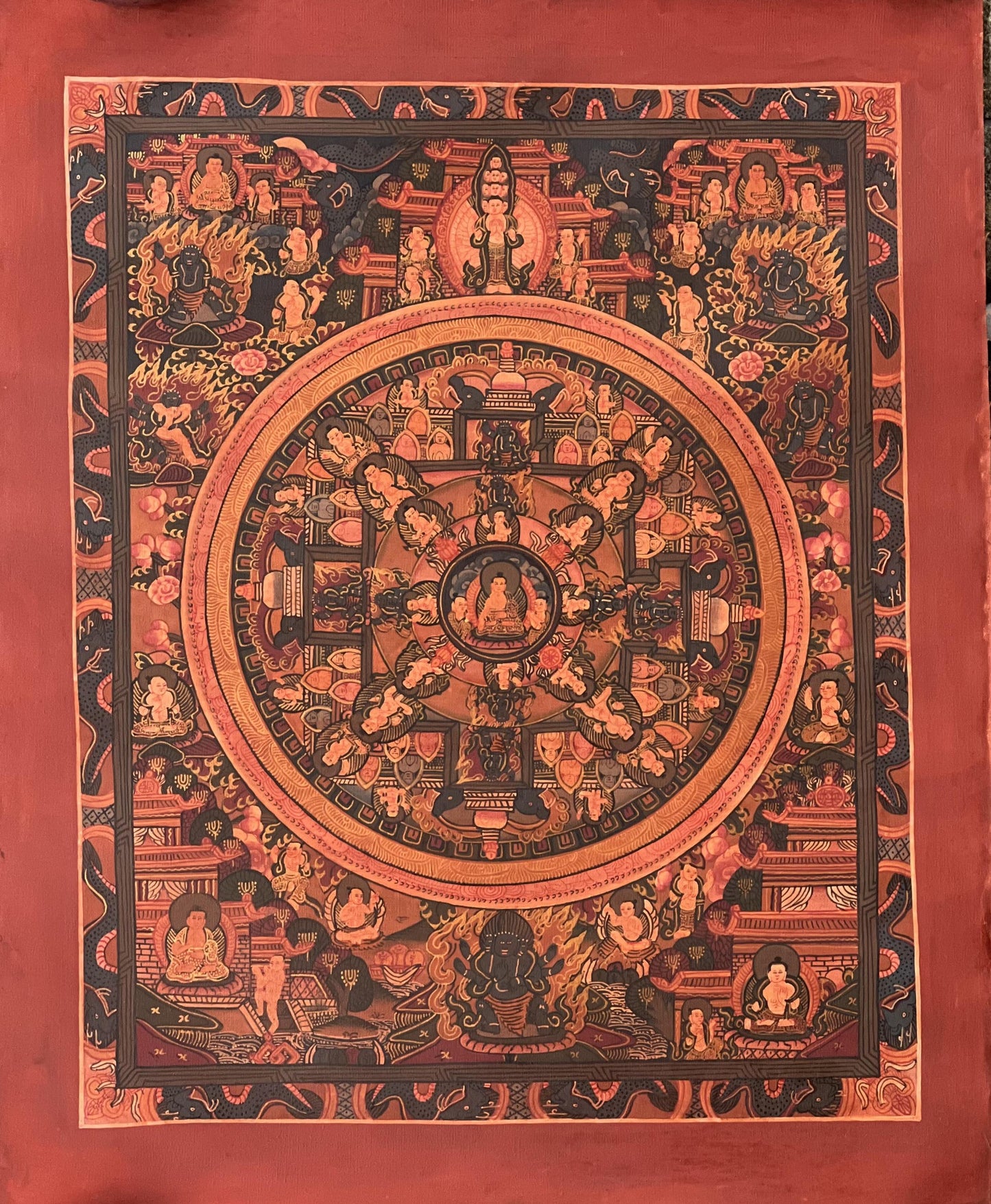 Buddha Life Mandala Tibetan Thangka with Avalokiteshvara – Hand Painted Oil-Varnished Meditation Art