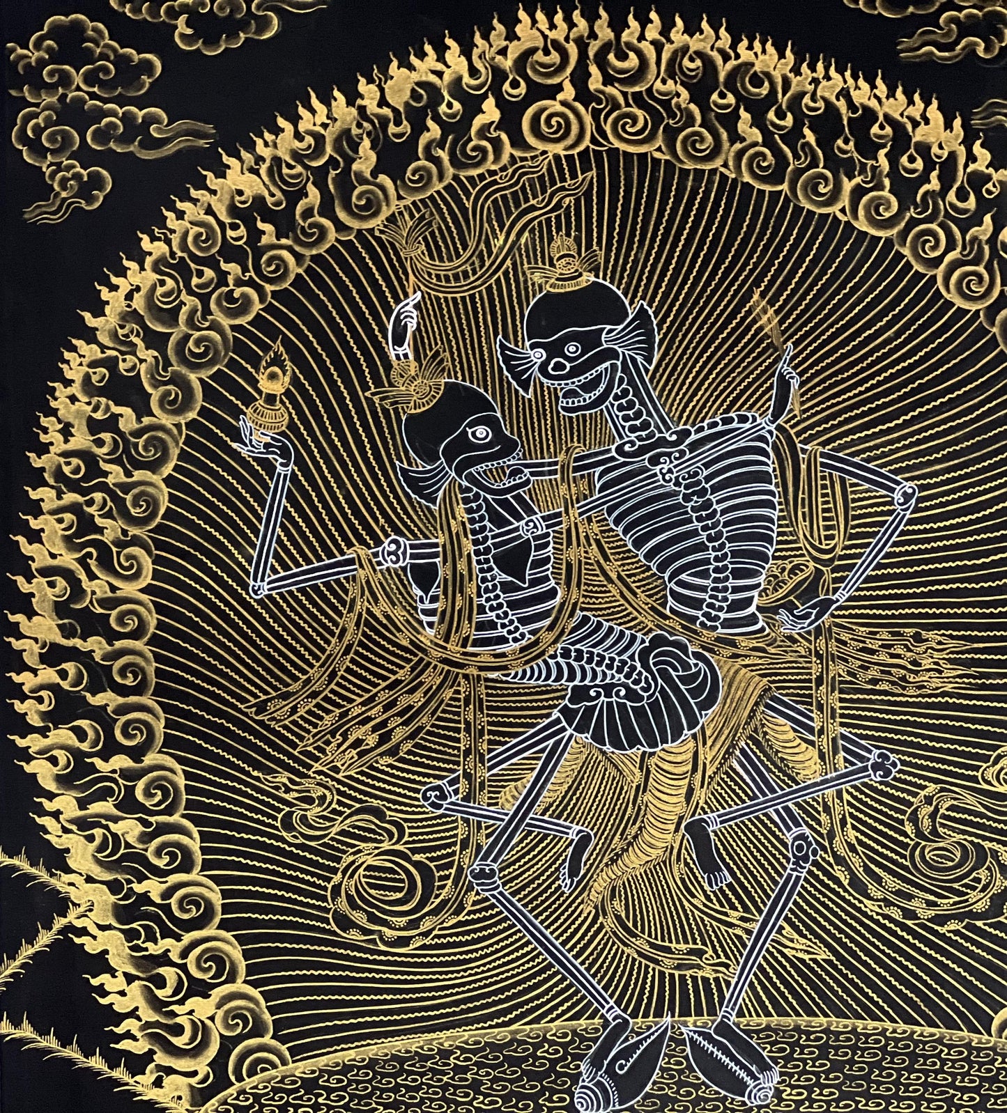 Hand-Painted Citipati Dancing Skeletons Thangka | Black and Gold Tibetan Art