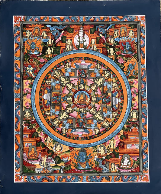 Hand-Painted Pancha Buddha Mandala | Tibetan Buddha Life Thangka Art