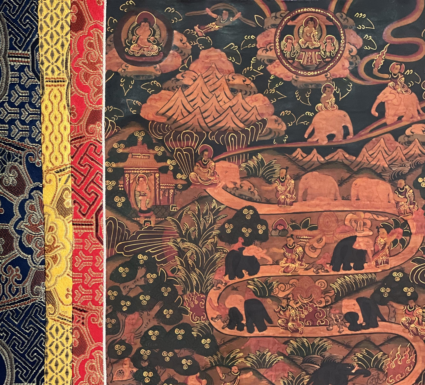Hand-Painted Thangka – Samatha Meditation, Elephant Path, Silk Brocade