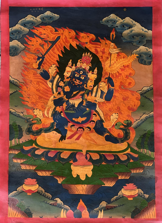 Hand-Painted Chaturmukha Mahakala Thangka – Tibetan Deity Art