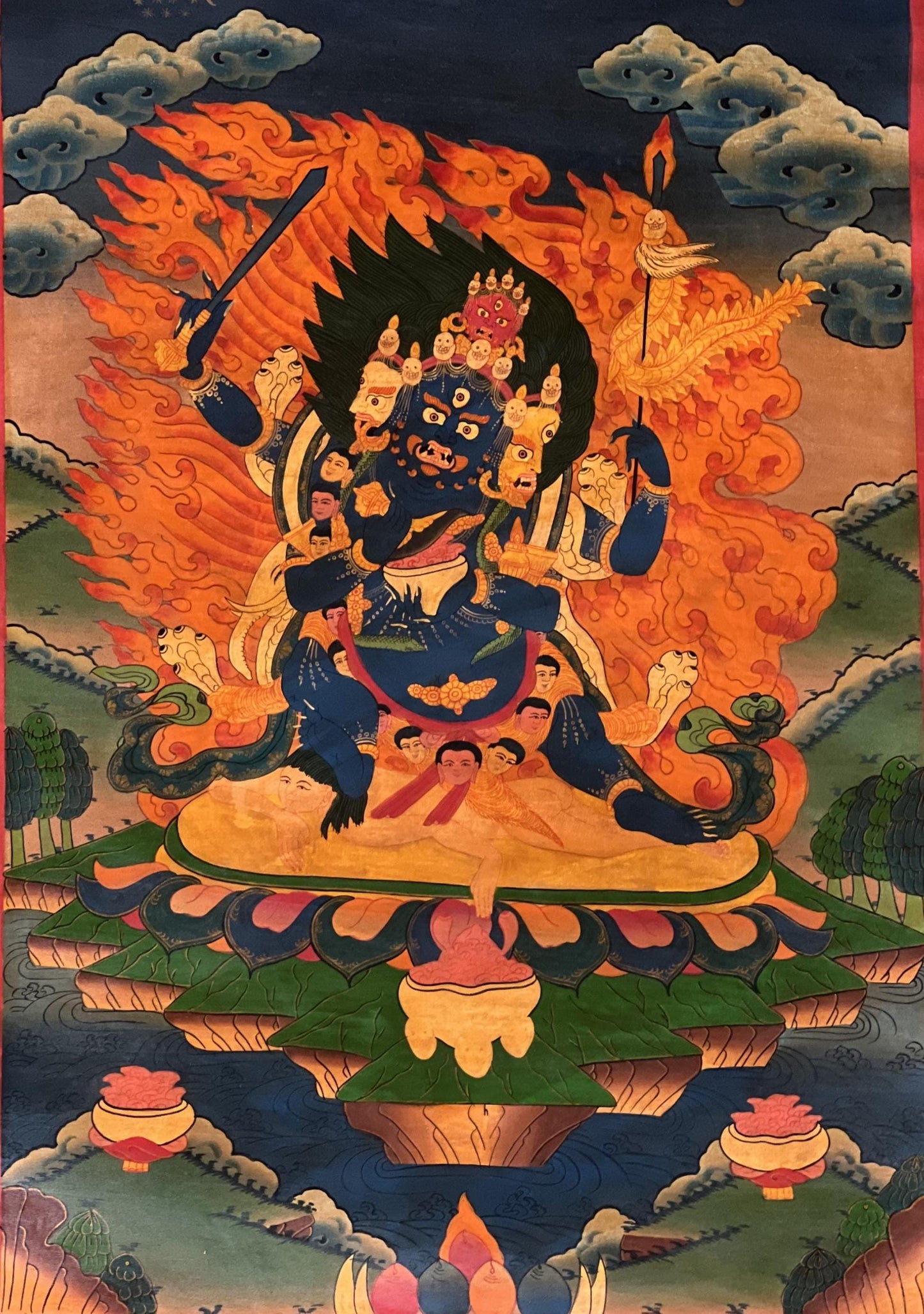 Hand-Painted Chaturmukha Mahakala Thangka – Tibetan Deity Art
