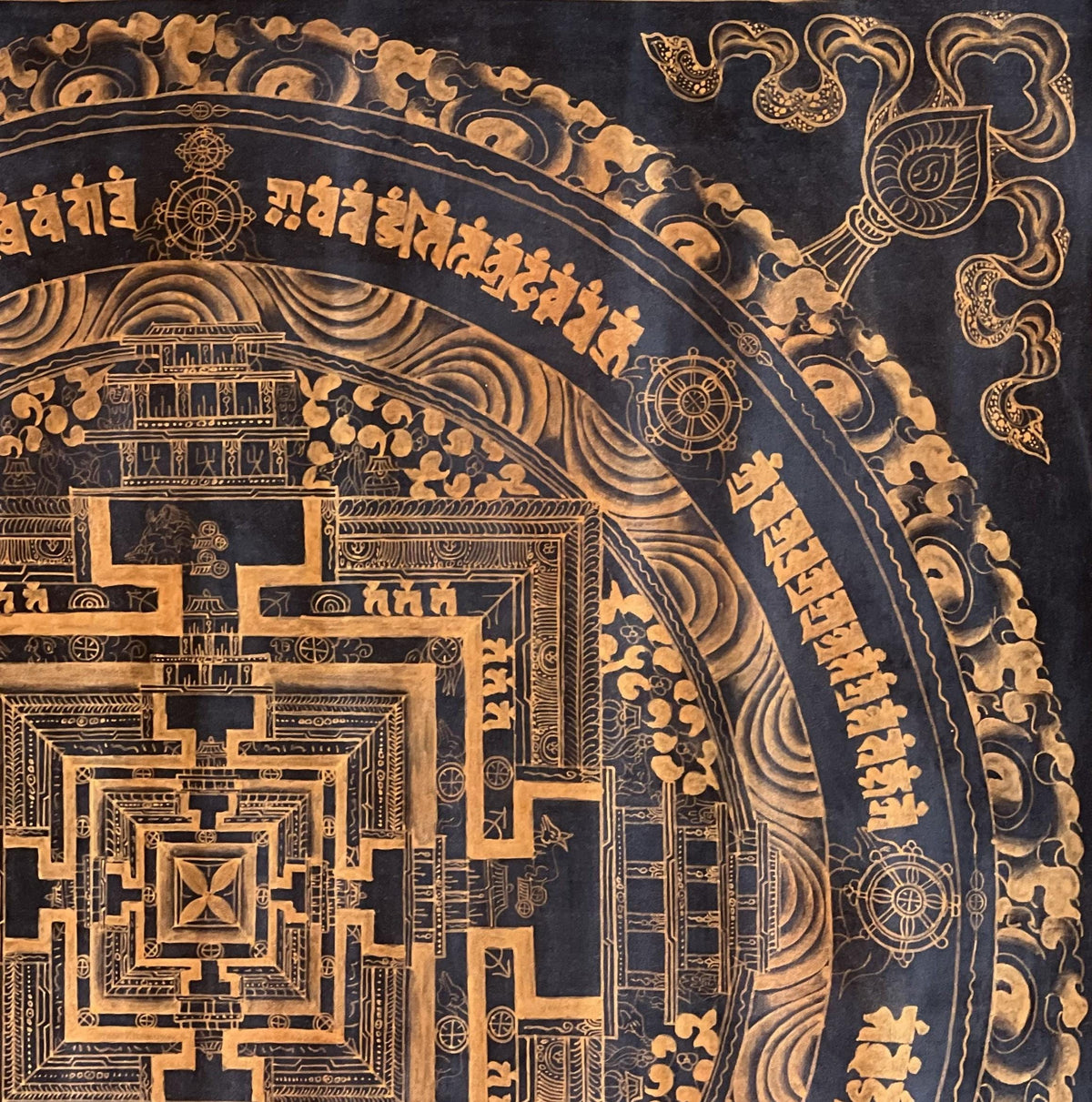 Hand-Painted Black and Gold Kalachakra Mandala Thangka - Tibetan Art