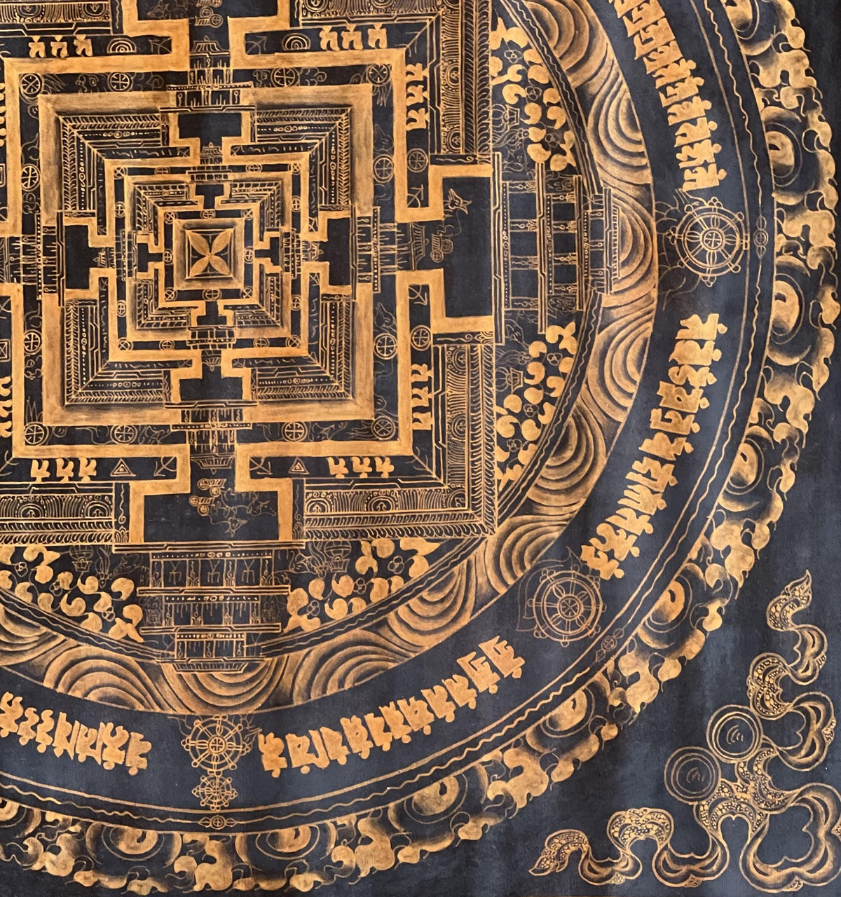 Hand-Painted Black and Gold Kalachakra Mandala Thangka - Tibetan Art