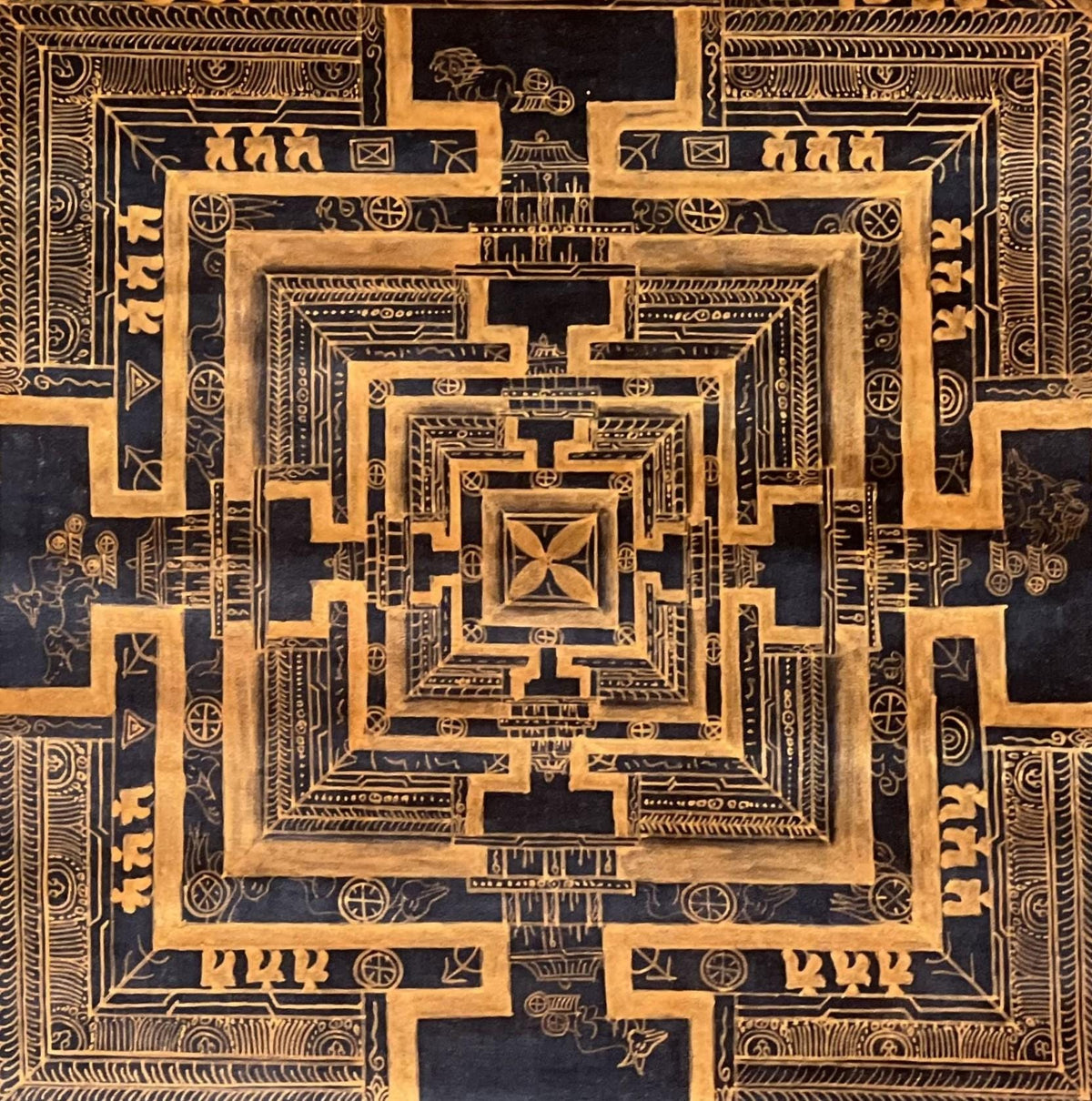 Hand-Painted Black and Gold Kalachakra Mandala Thangka - Tibetan Art