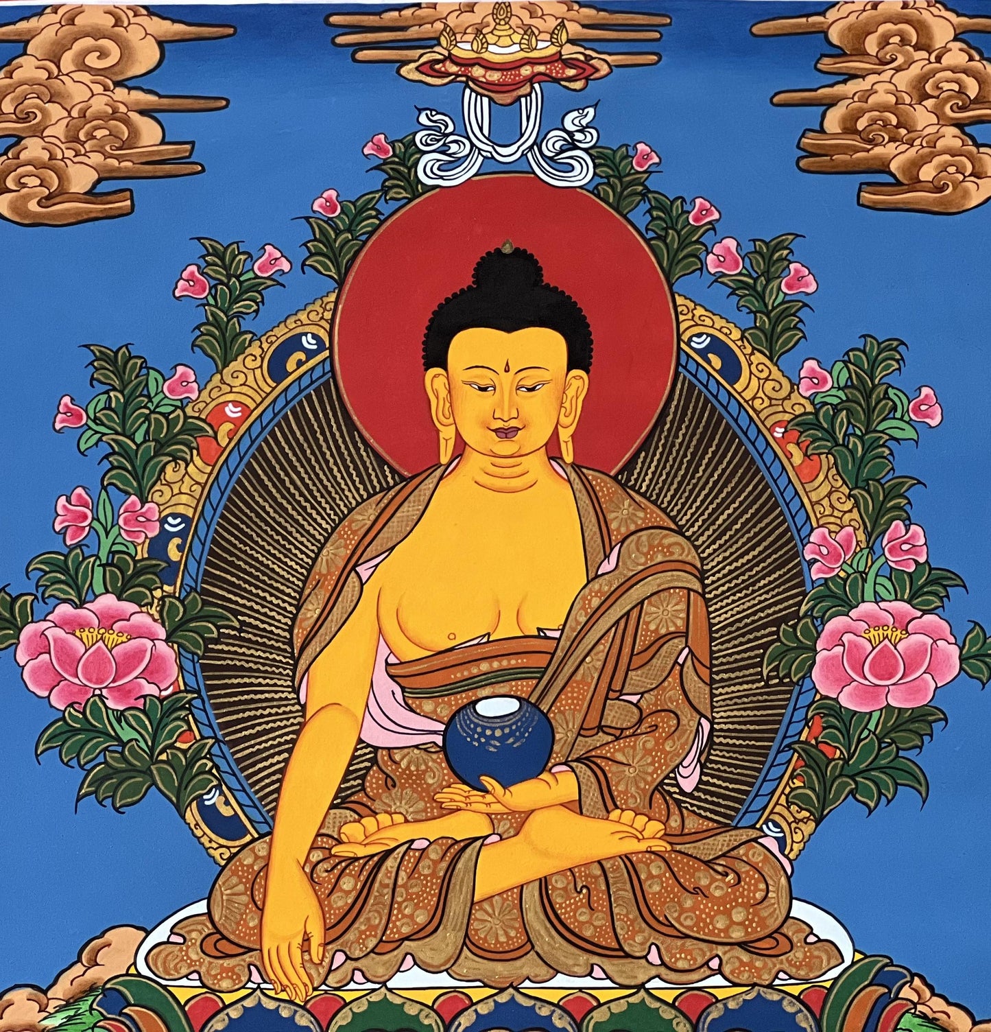 Hand-Painted Shakyamuni Buddha Thangka – Silk Brocade Frame, Tibetan Art