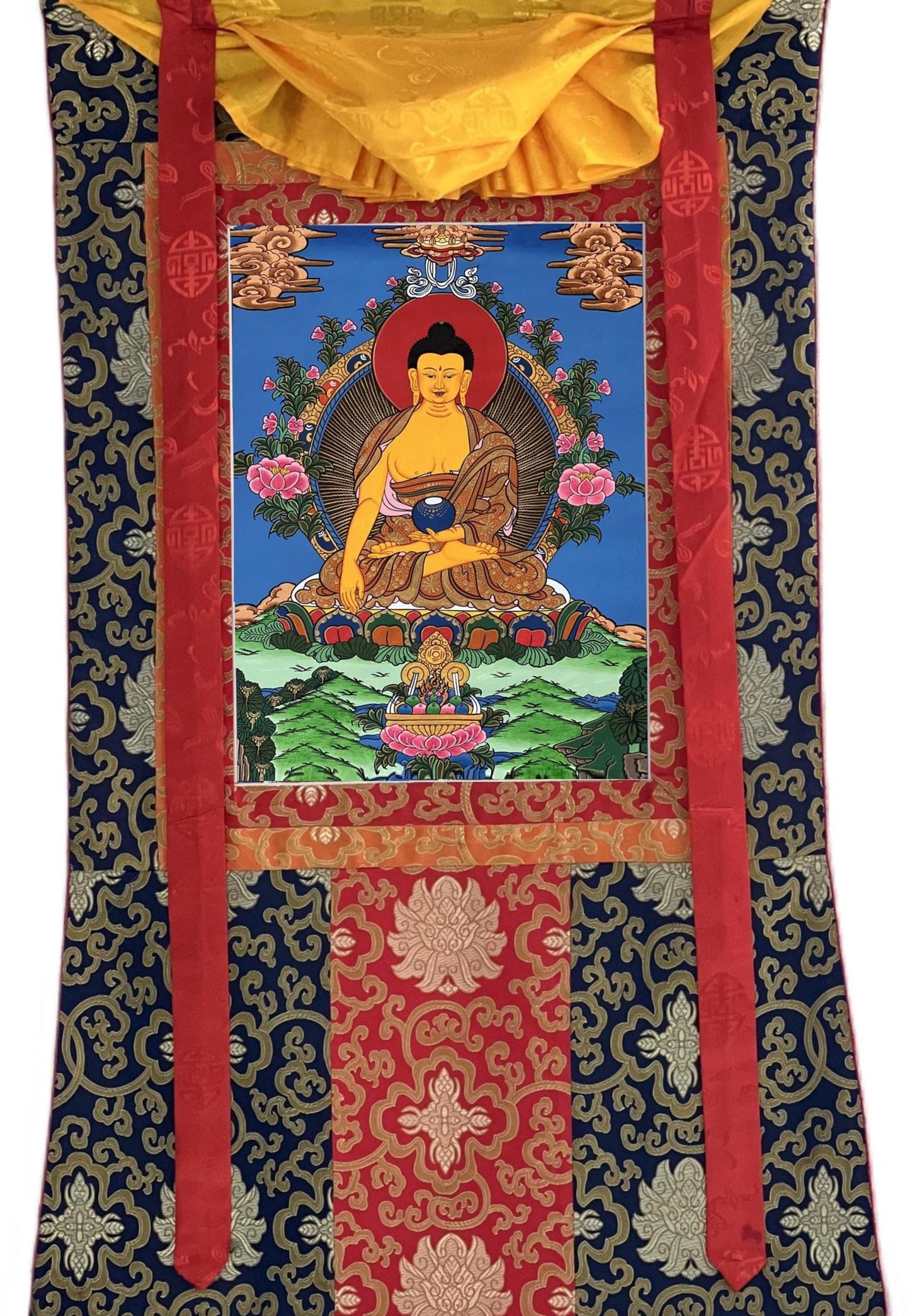 Hand-Painted Shakyamuni Buddha Thangka – Silk Brocade Frame, Tibetan Art