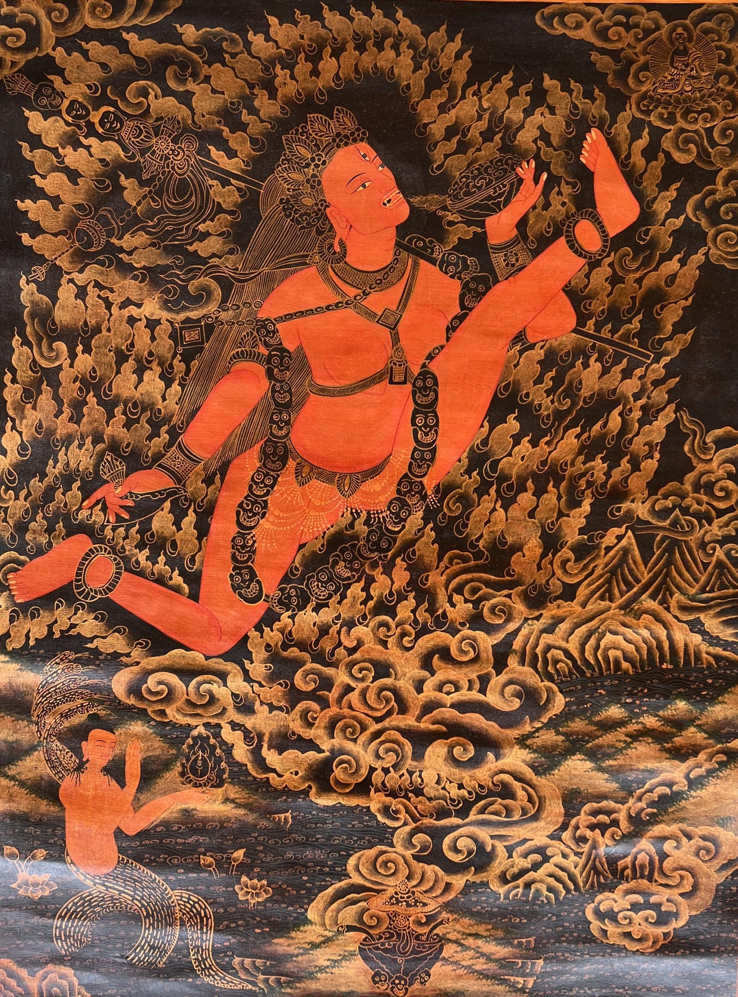 Hand-Painted Akash Jogini Thangka | Oil Varnished Tibetan Art with Silk Brocade