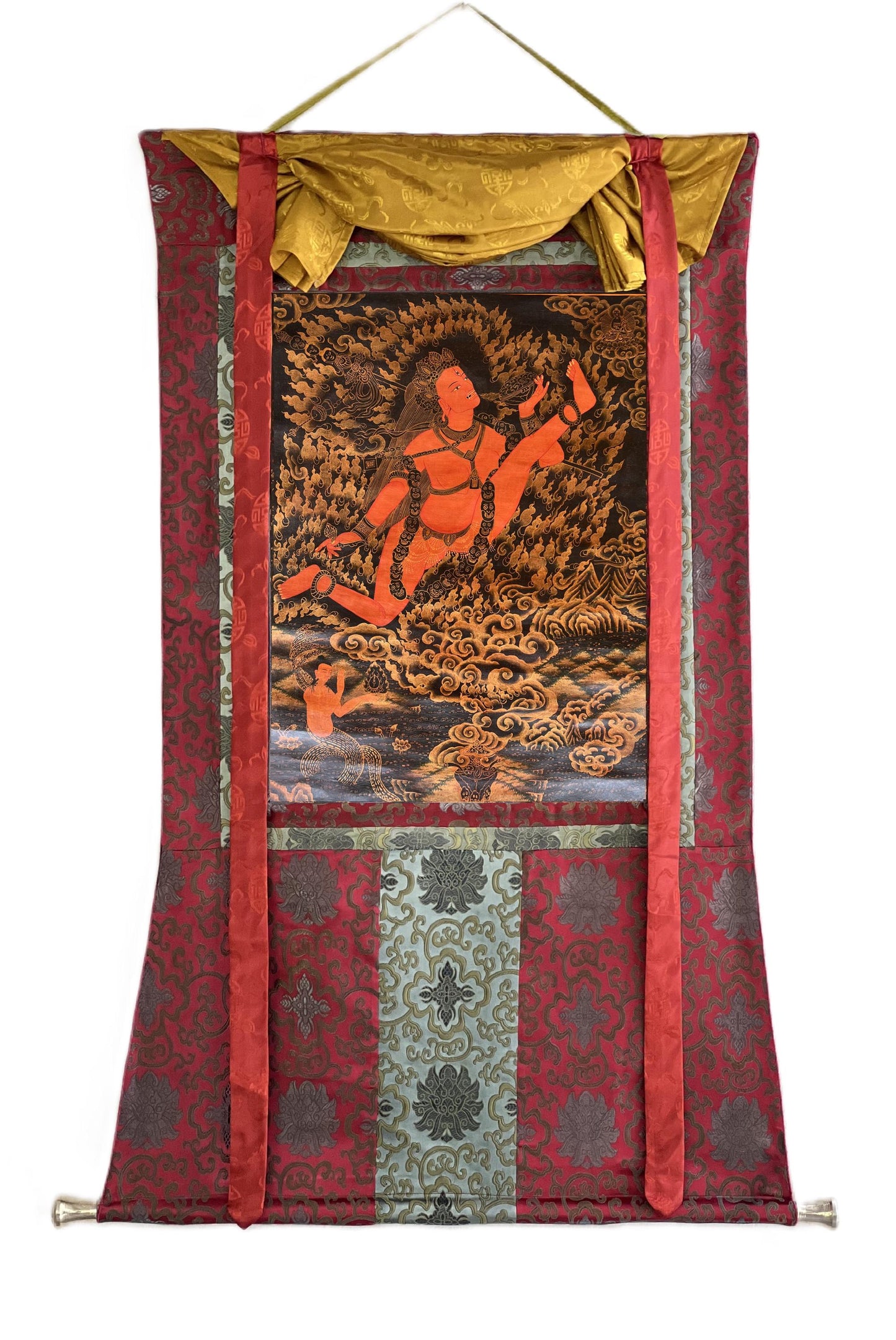 Hand-Painted Akash Jogini Thangka | Oil Varnished Tibetan Art with Silk Brocade