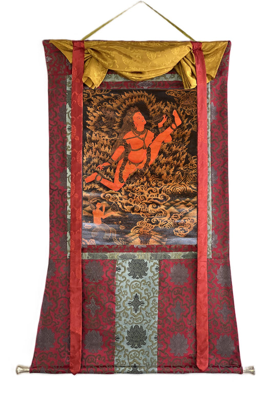 Hand-Painted Akash Jogini Thangka | Oil Varnished Tibetan Art with Silk Brocade