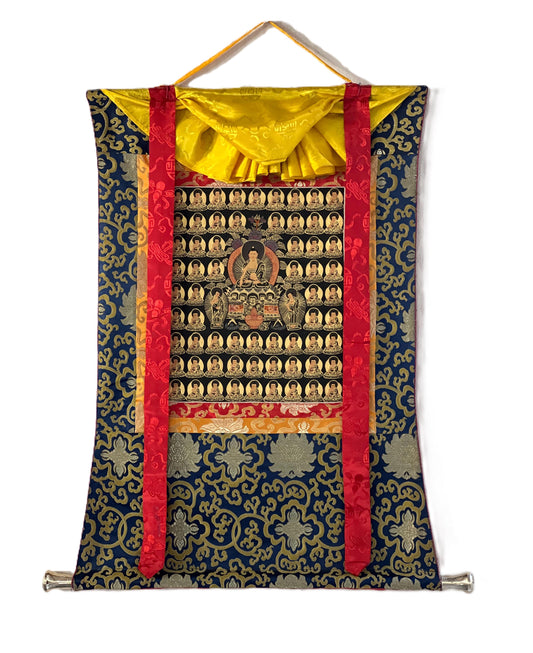 Hand-Painted Thousand Buddhas Thangka – Tibetan Wall Art with Silk Brocade