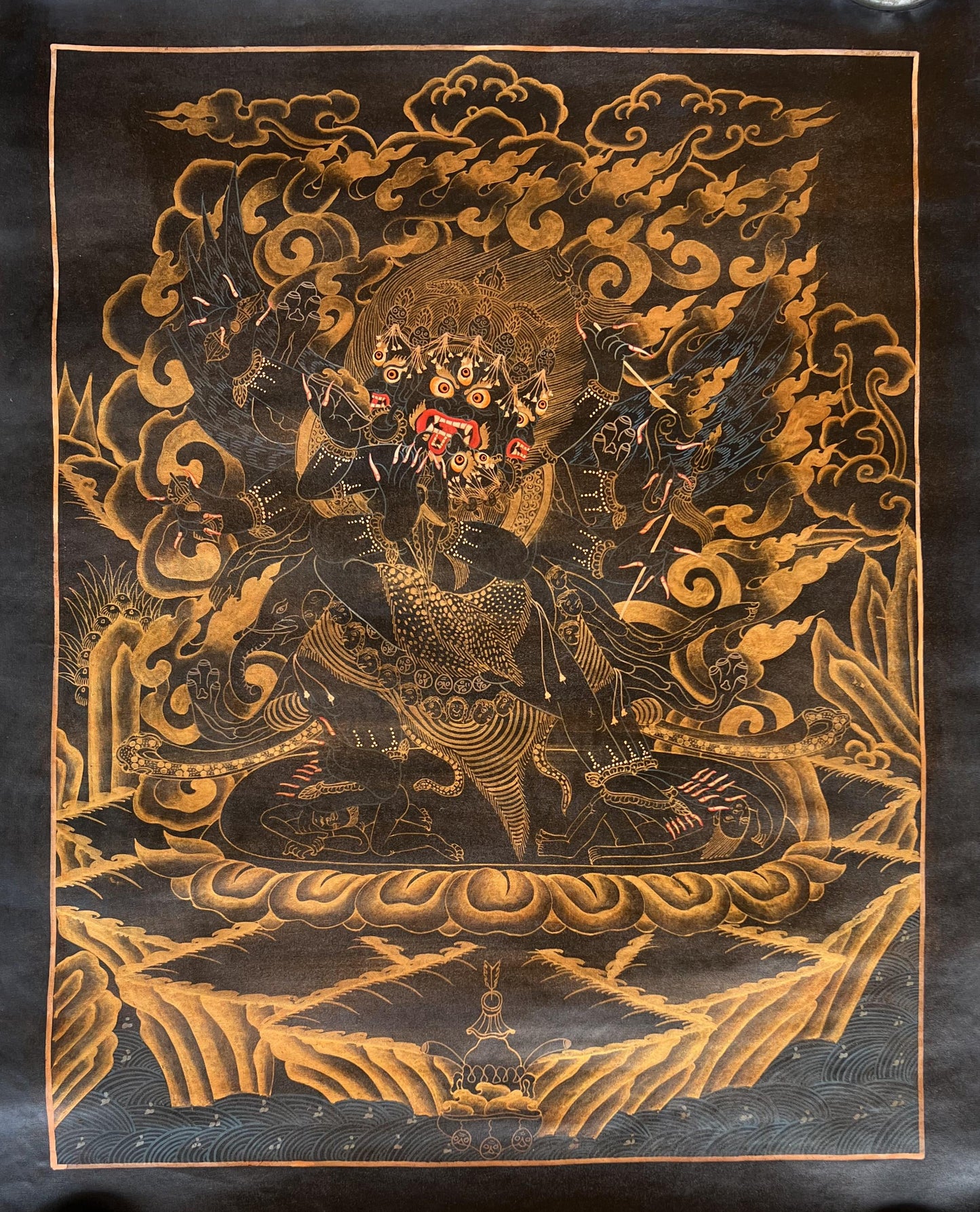 Hand-Painted Vajrakilaya Thangka | Black & Gold Tibetan Wall Art