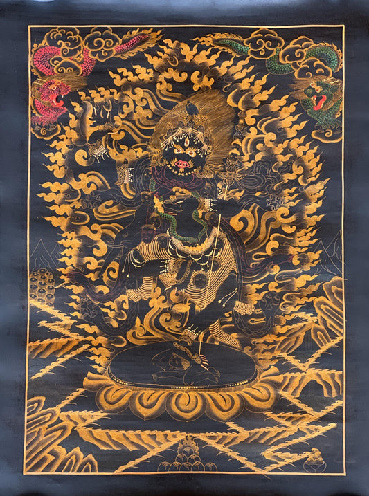 Hand-Painted Vajravarahi Thangka Art | Black & Gold Female Buddha