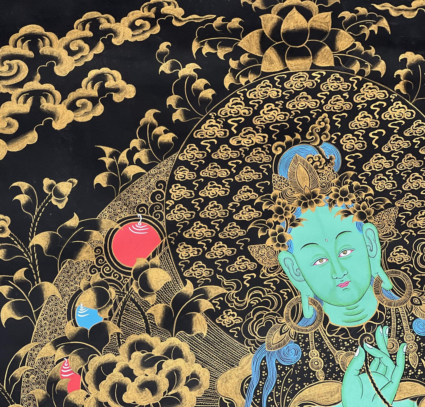 Large Green Tara Thangka | Hand-Painted Black & Gold Tibetan Goddess Art (Masterpiece)