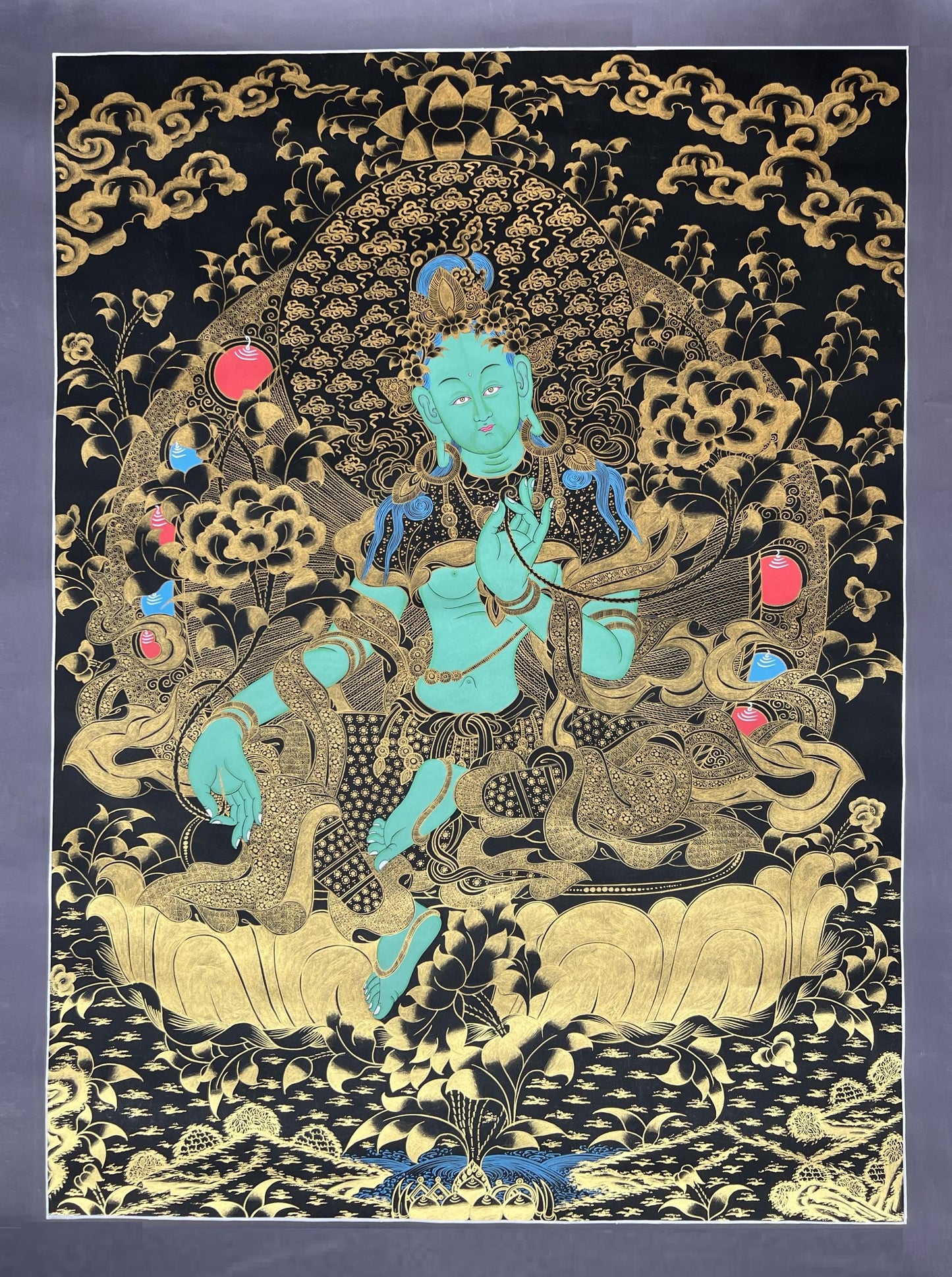 Large Green Tara Thangka | Hand-Painted Black & Gold Tibetan Goddess Art (Masterpiece)