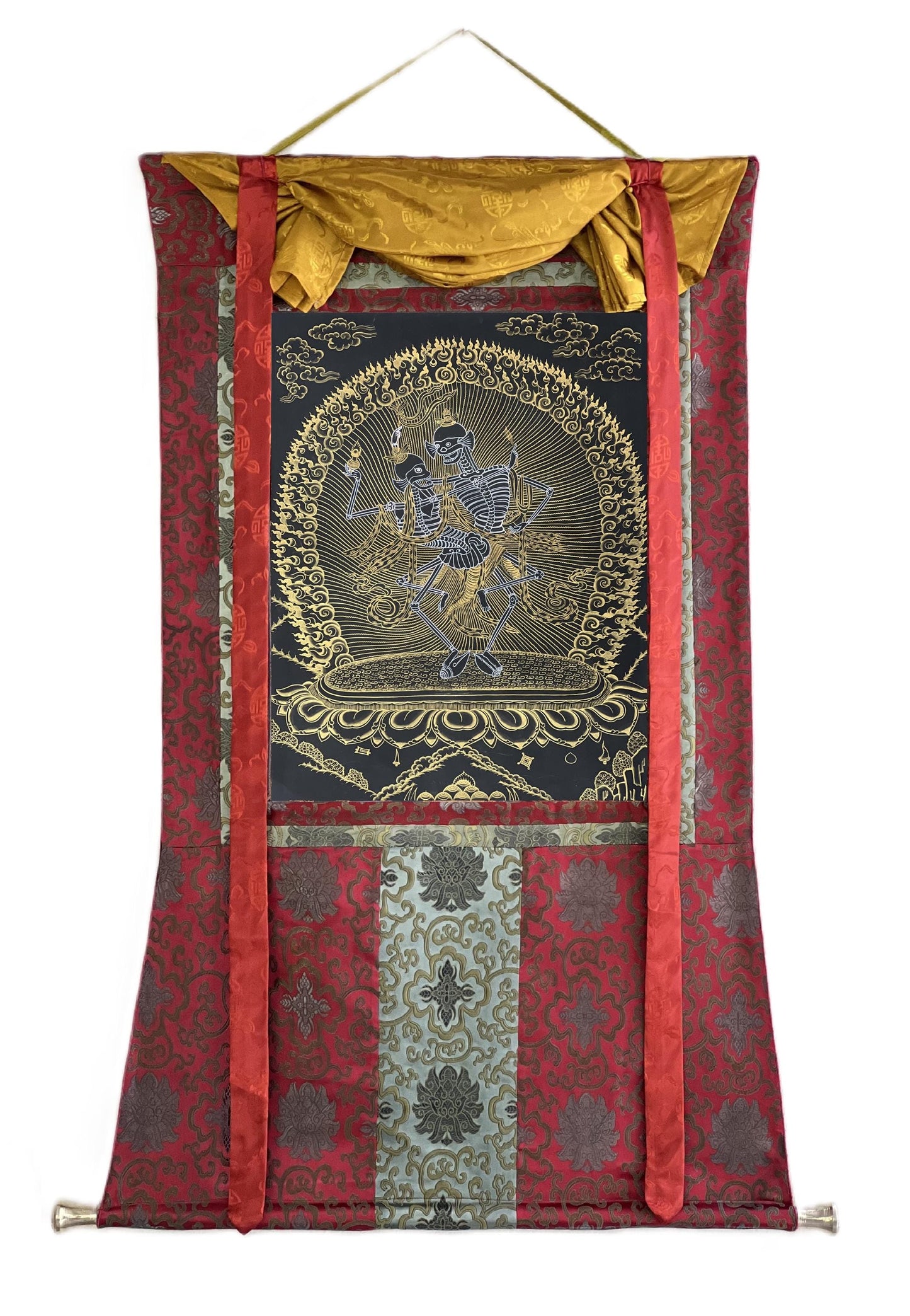 Hand-Painted Citipati Dancing Skeletons Thangka | Black and Gold Tibetan Art