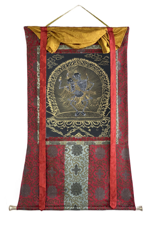 Hand-Painted Citipati Dancing Skeletons Thangka | Black and Gold Tibetan Art